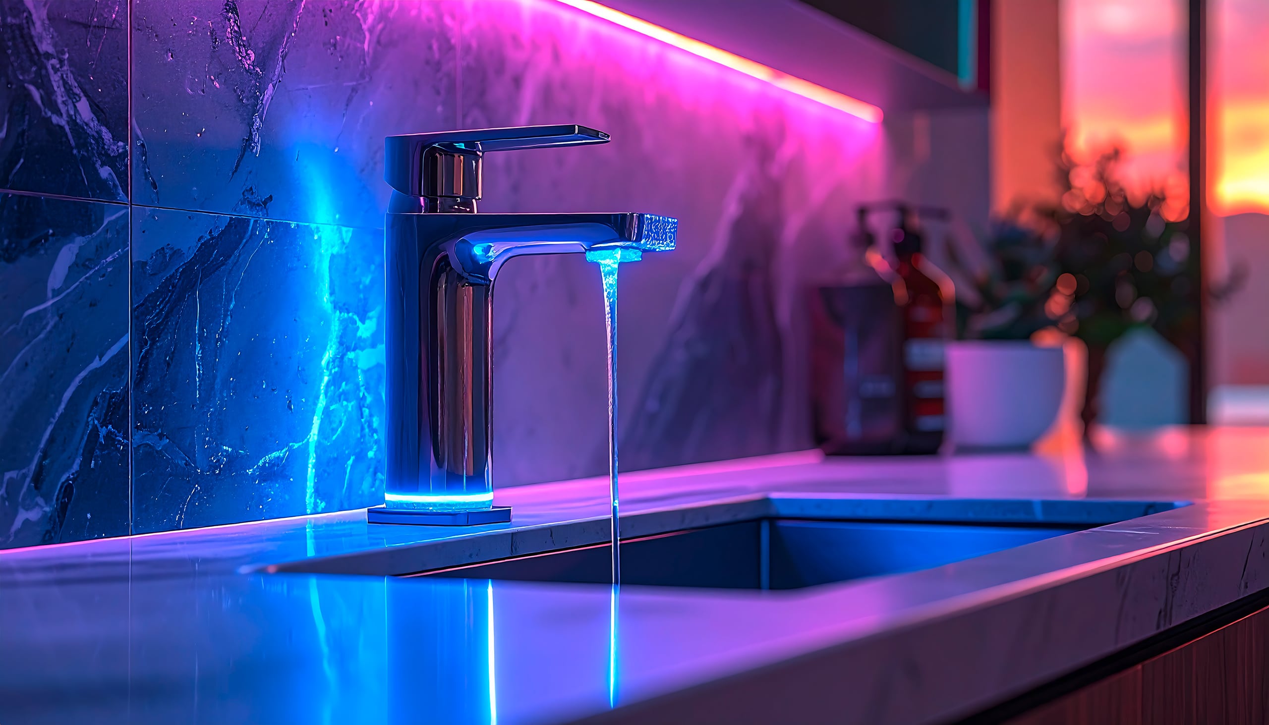 Moderne Küchenarmatur bzw. Wasserhahn mit blauem LED-Licht als effektvolle Funktion, die besonders bei diffusem Licht zur Geltung kommt.