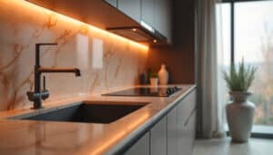 Moderne Kücheneinrichtung mit Arbeitsplatte aus Naturstein und schwarzer Armatur bzw. Wasserhahn. Elegante Schränke und Induktionskochfeld. Die stimmungsvolle Unterbaubeleuchtung schafft eine warme Atmosphäre und unterstreicht das luxuriöse Design.