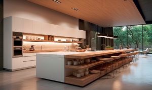 Große, moderne Inselküche mit matt-weißen Fronten und Holzarbeitsplatte, sowie großzügiger Sitzgelegenheit mit Barhockern über die Längsseite des gesamten Inselbereiches.