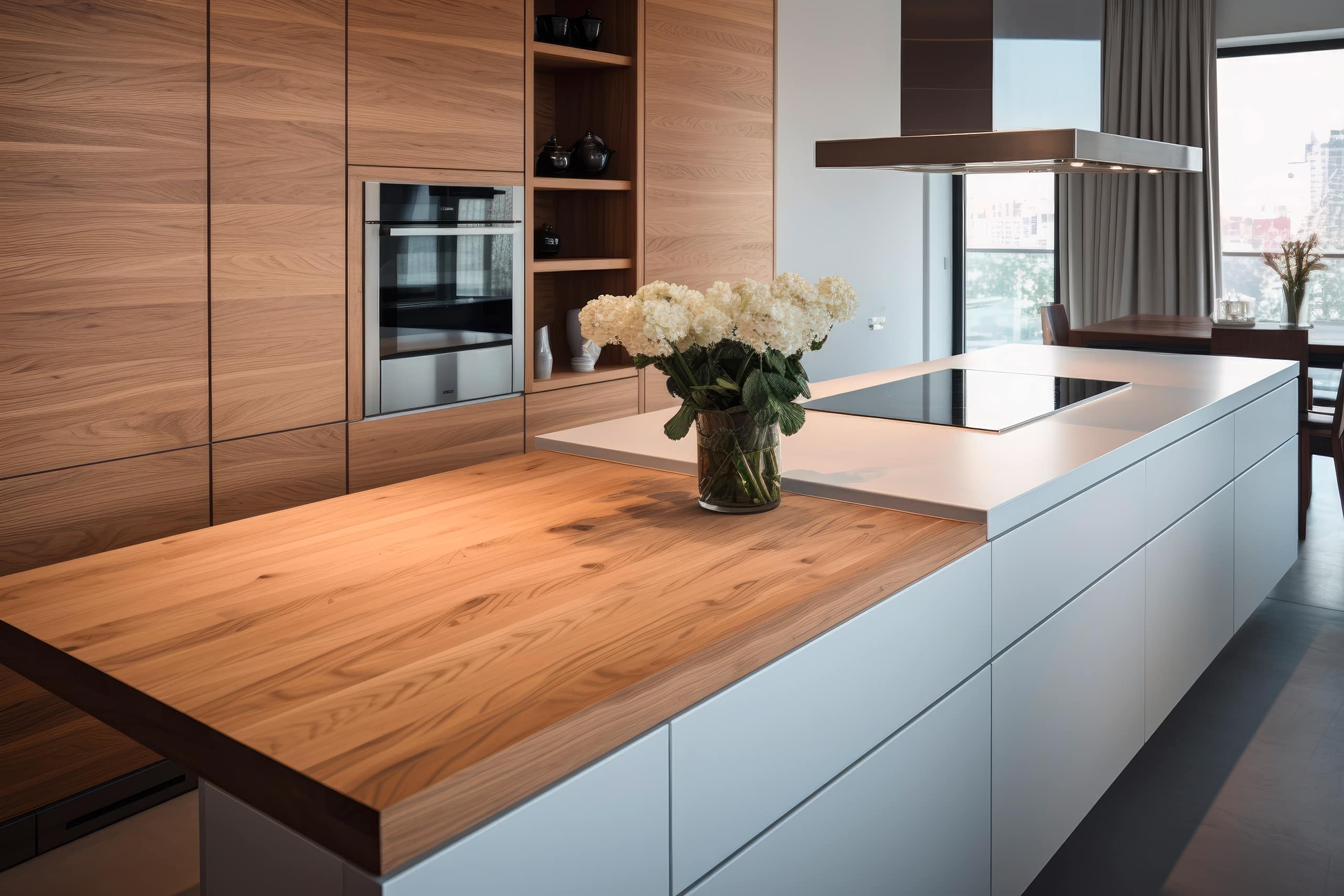 Detailaufnahmen einer modernen Designerküche in mattem Weiß und einer Bar mit Holzarbeitsplatte sowie die Schrankwand ebenfalls aus Holz mit grifflosen Schränken.