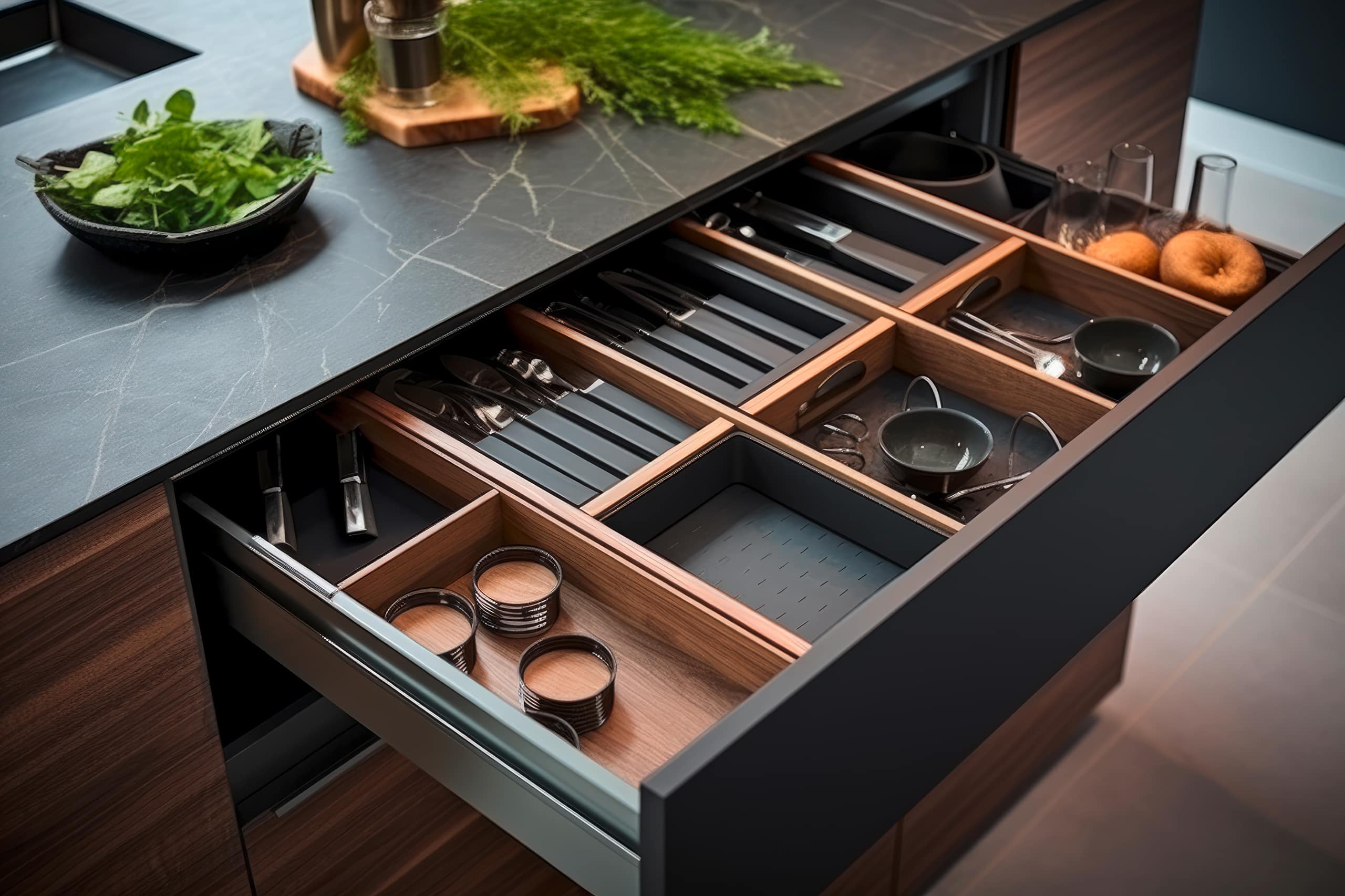Nahaufnahme einer offenen Schublade in einer modernen, minimalistischen Küche mit Fronten aus Walnussholz und schwarzer Arbeitsplatte aus dem Naturstein Marmor. Besteckkästen in der Schublade. Schubladeneinsätze aus massiver Eiche.