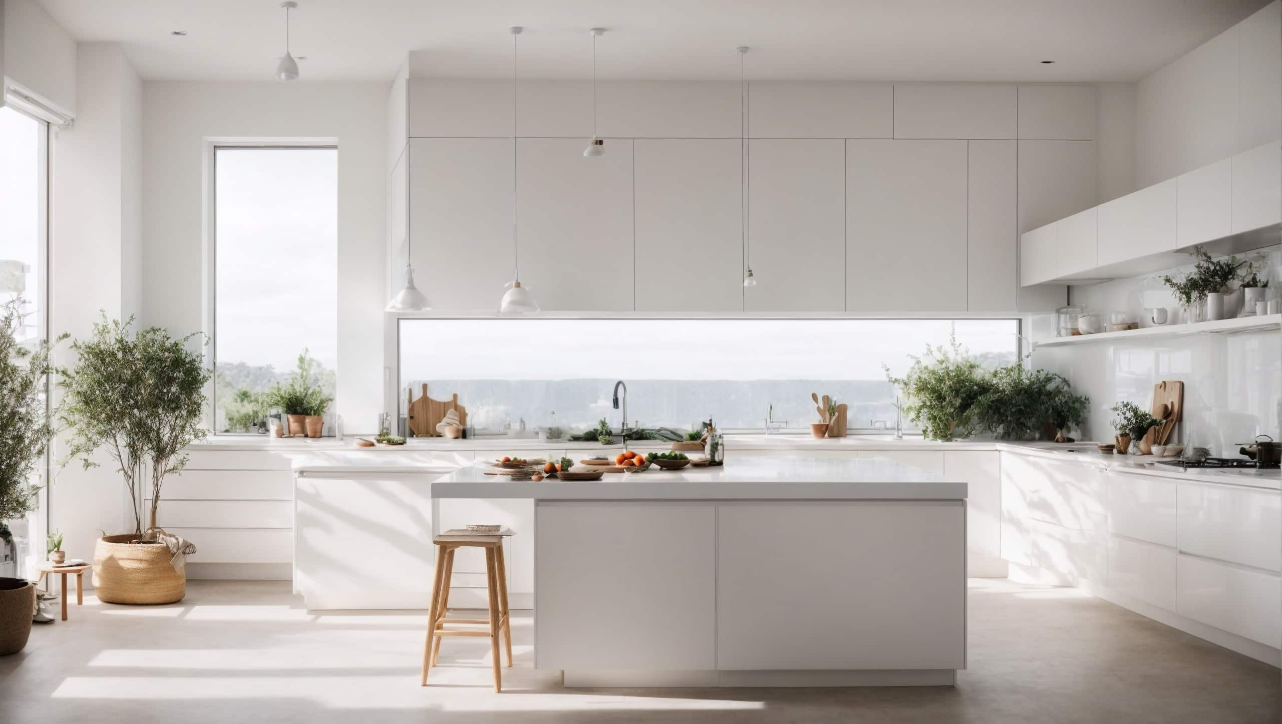 Weiße Küche in einem hellen, geradlinigen Raum, reduziert auf das Wesentliche.