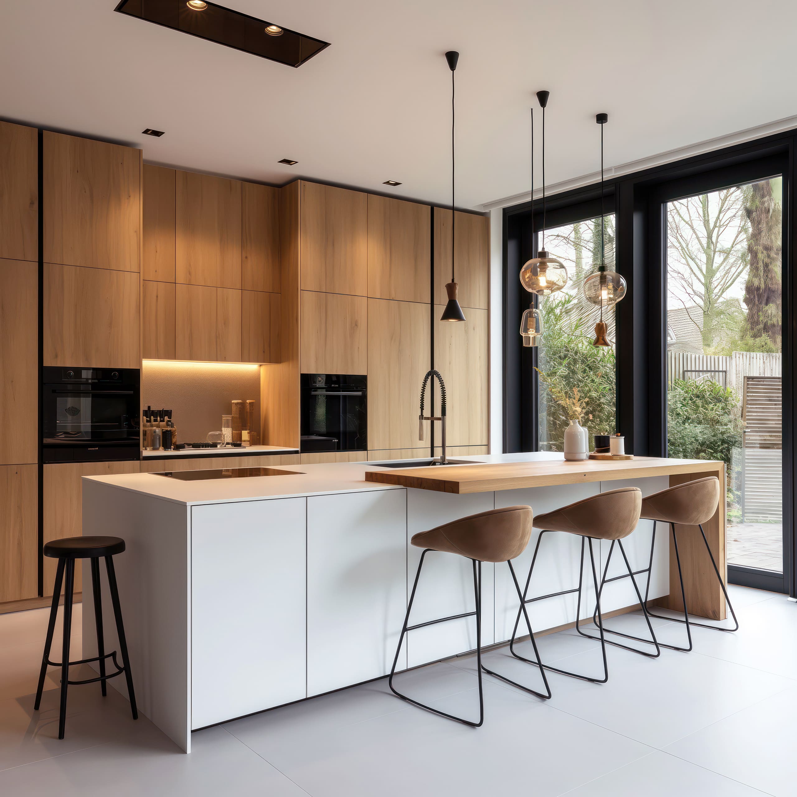 Moderne Küche mit einer Schrankwand aus honigfarbenen Holz, ELektrogeräten in ergonomischer Arbeitshöhe und einer weißen Kochinsel mit Barhockern in einem modernen Raum.