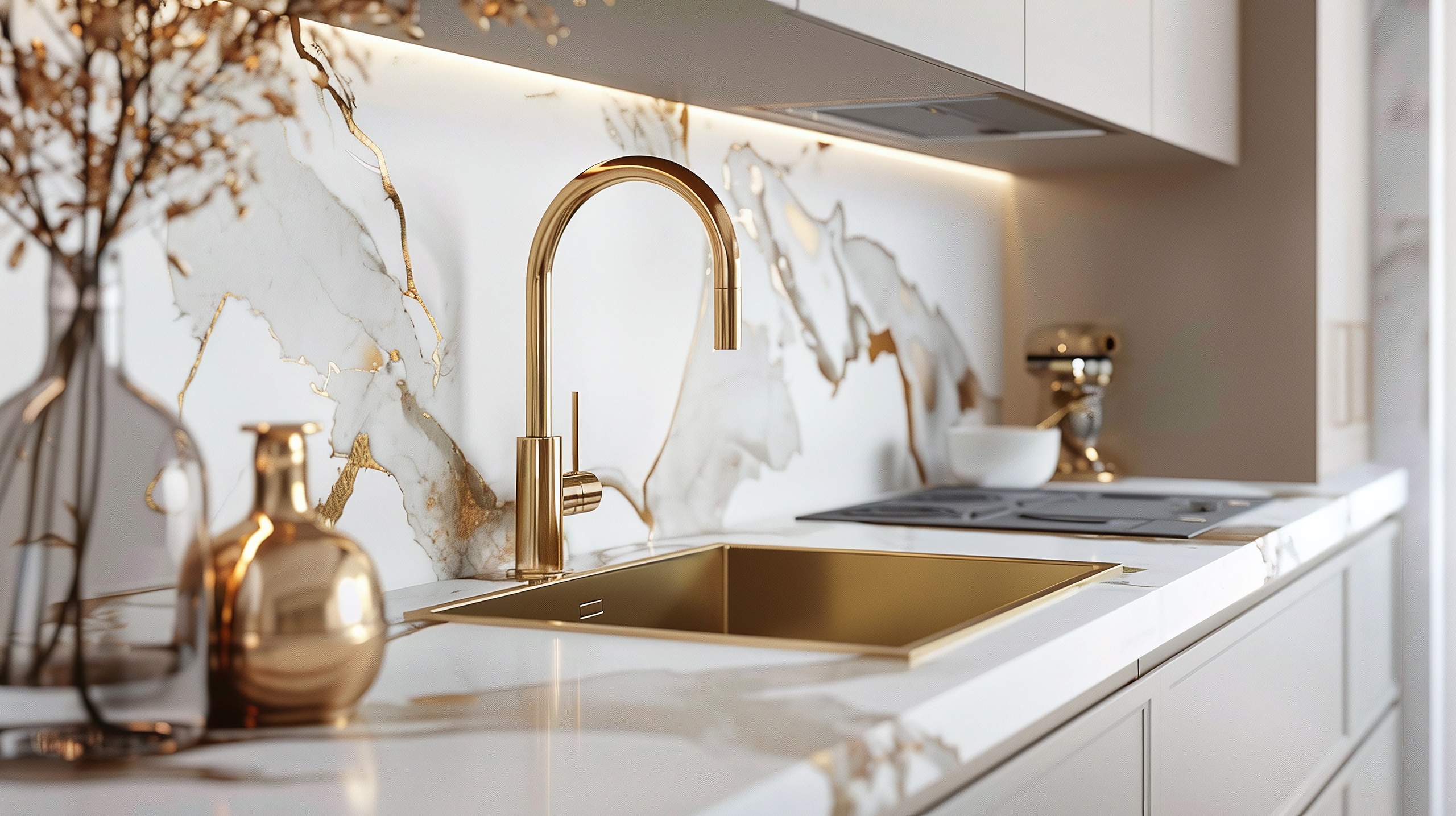 Luxuriöses Waschbecken mit Armatur bzw. Wasserhahn in gold einer eleganten Küche und Arbeitsplatte aus dem Naturstein Marmor.