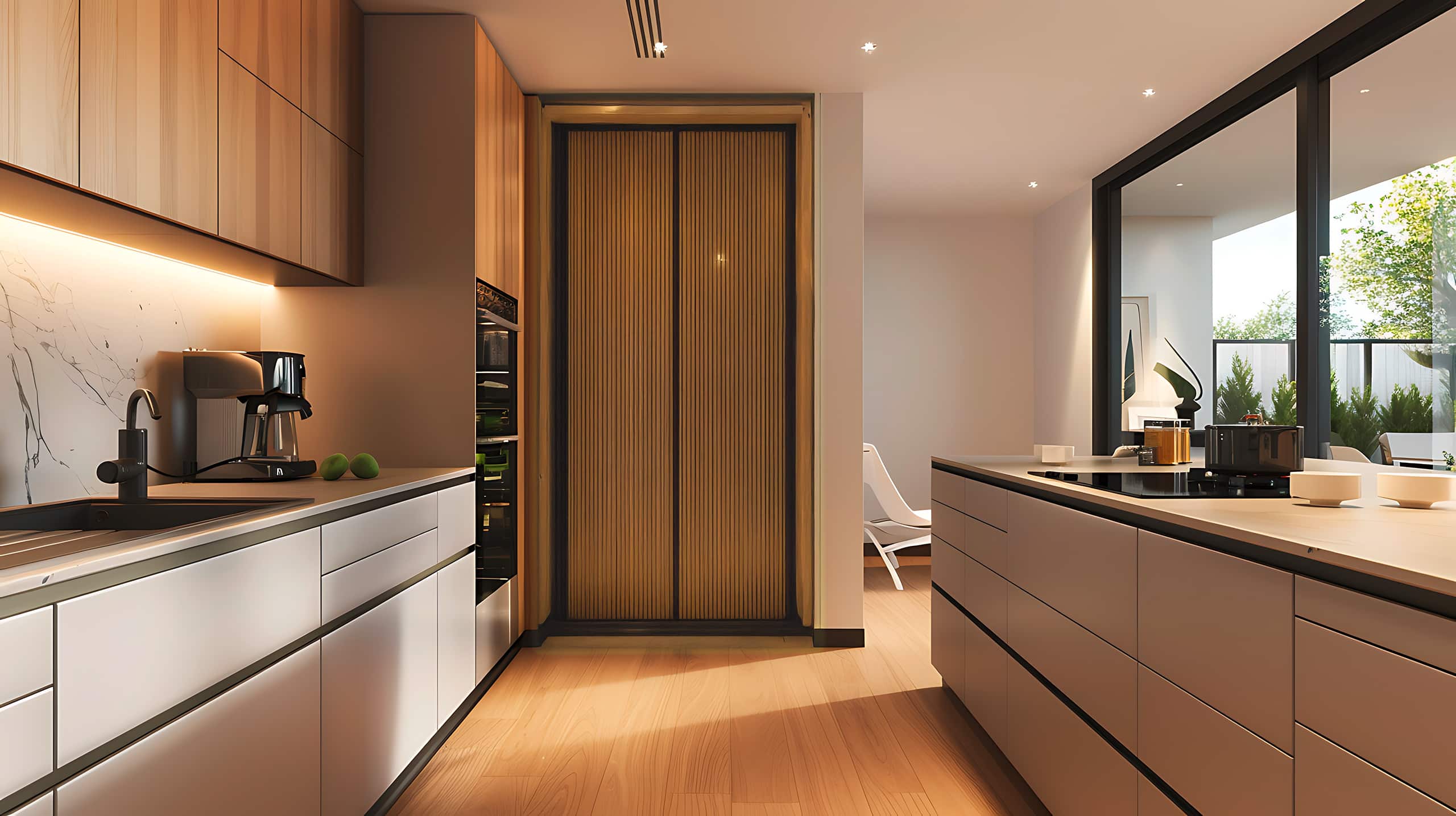 Elegante und funktionale moderne Küche mit integrierten intelligenten Geräten, grifflosen Schränken und einer versteckten begehbaren Vorratskammer bzw. Kühlzelle (Kühlraum), die für eine aufgeräumte Umgebung sorgt.