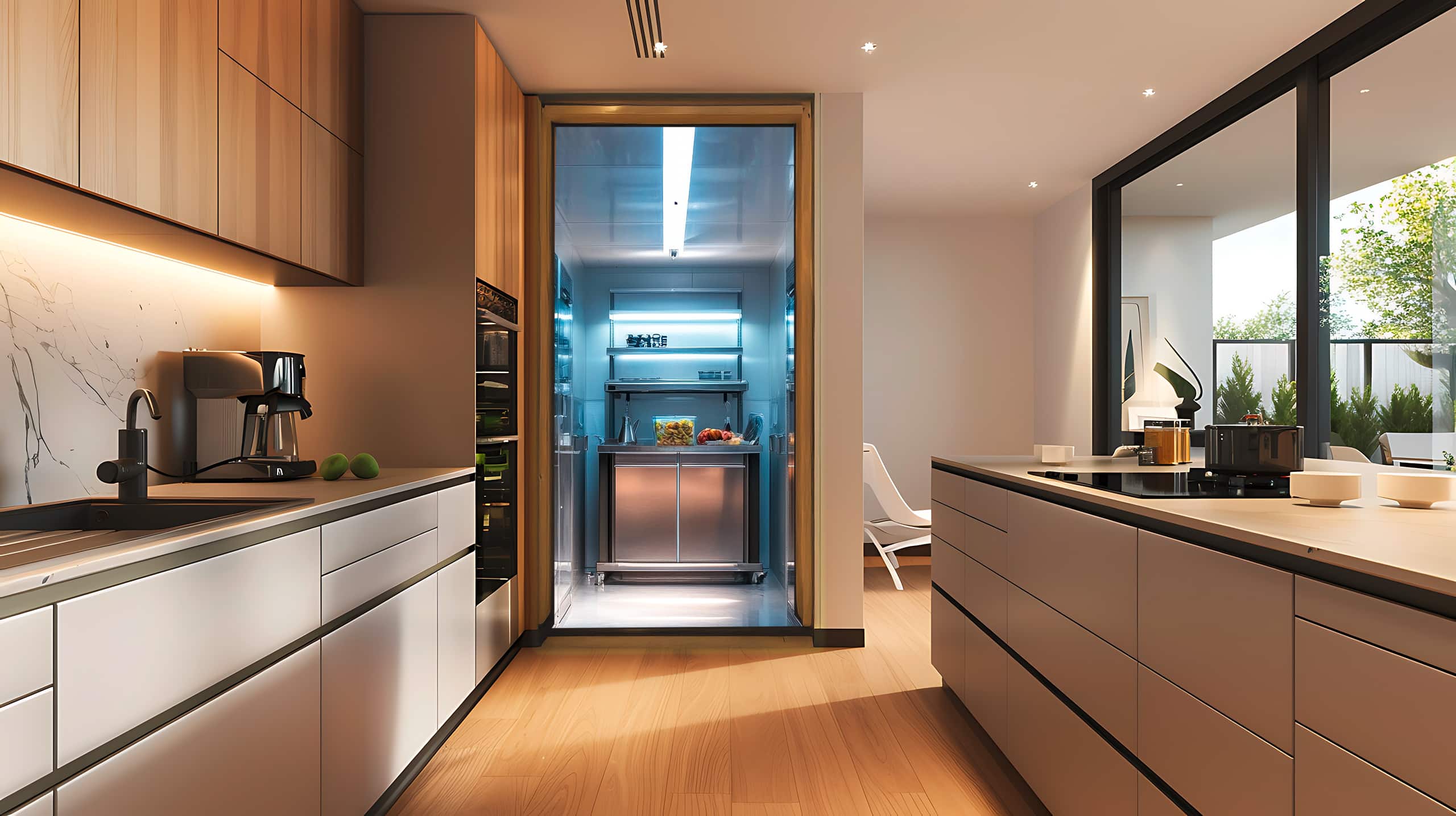 Elegante und funktionale moderne Küche mit integrierten intelligenten Geräten, grifflosen Schränken und einer versteckten begehbaren Vorratskammer bzw. Kühlzelle (Kühlraum), die für eine aufgeräumte Umgebung sorgt.