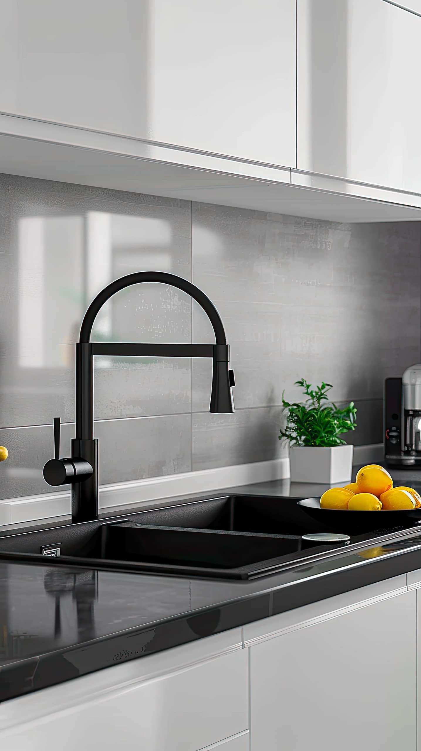 Moderne Küche mit schwarzem Spülbecken und schwarzer Armatur bzw. Wasserhahn mit Brausefunktion, grauer Arbeitsplatte und gelben Blumen in einer weißen Vase. Zitronen liegen in einer Schale und auf einem Teller.