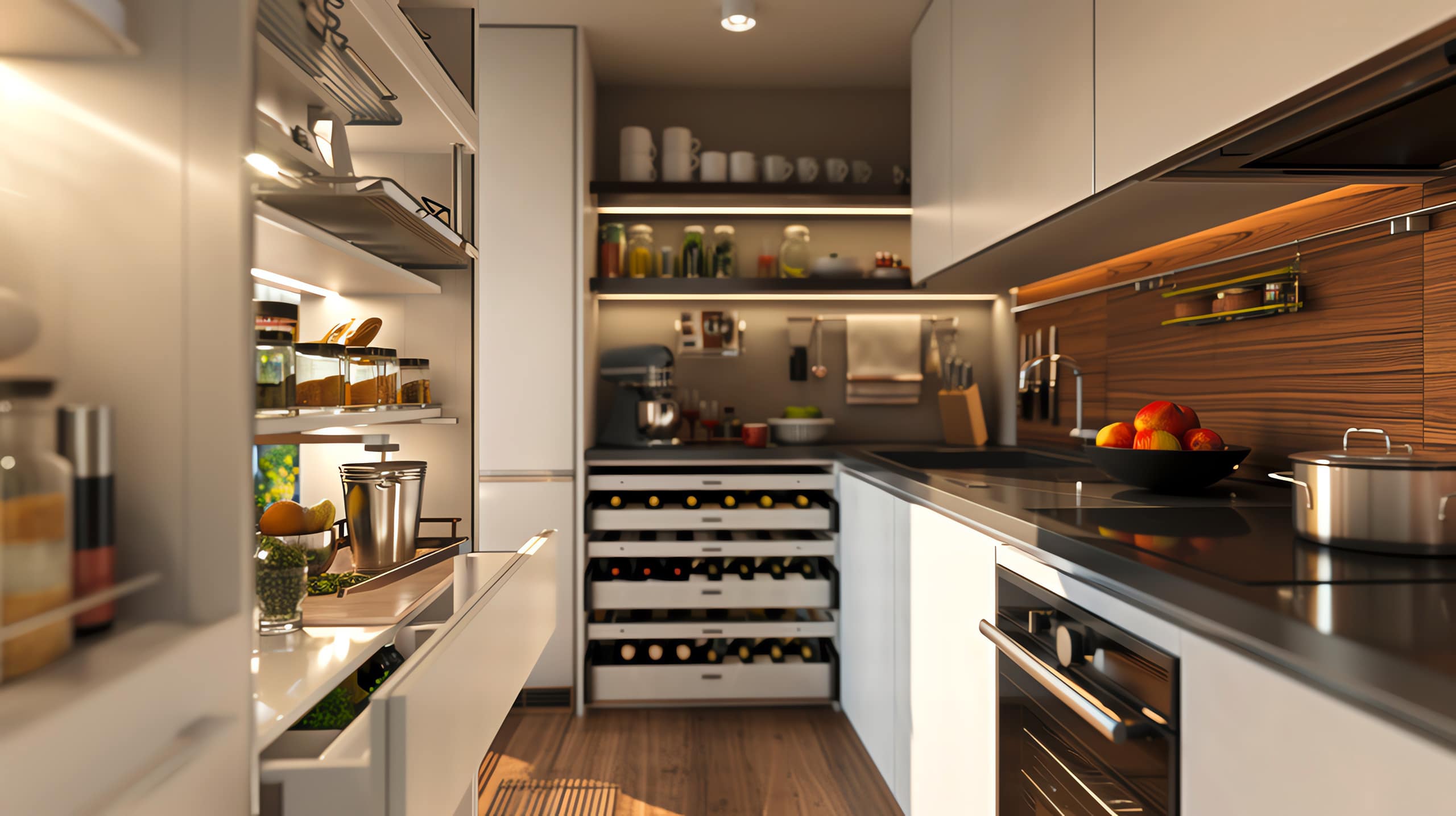 Moderne Küche in elegantem Weiß mit geöffneten, ausziehbaren Regalen für Küchenutensilien, Flaschen und Lebensmittel als Stauraum zur bestmöglichen Organisierung.