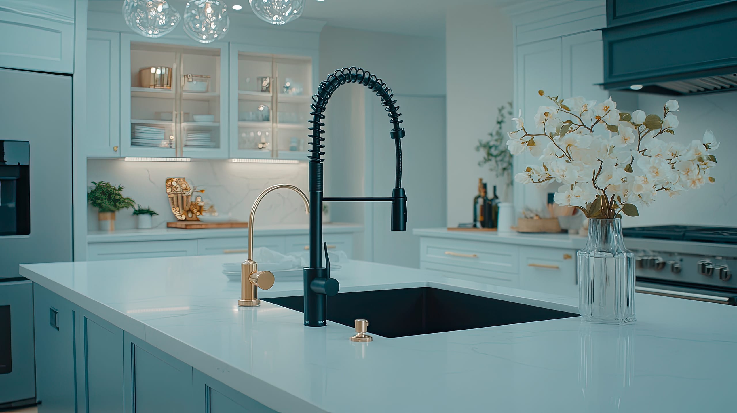 Mattes, schwarzes Spülbecken mit moderner Armatur bzw. Wasserhahn mit praktischem Brauseschlauch und blauen Schränken schafft eine elegante, minimalistische Küchenatmosphäre, die durch grüne Pflanzen zusätzlich aufgewertet wird.