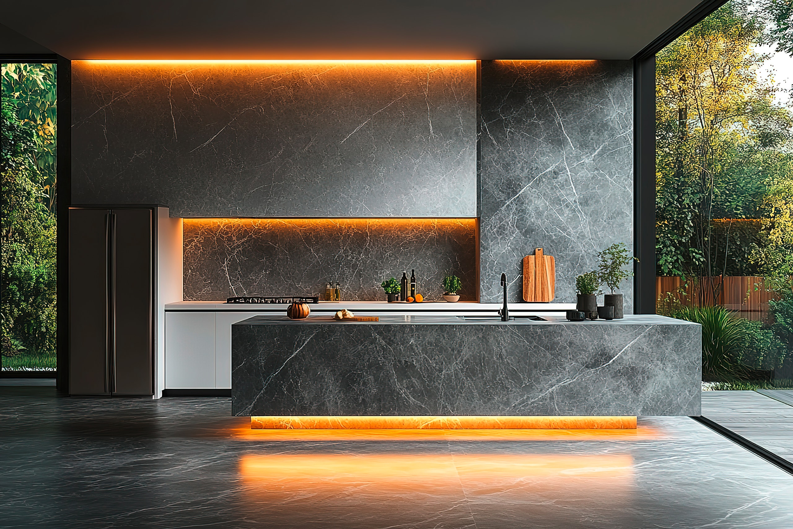 Küche mit Marmor-Arbeitsplatte und schwarzem Kühlschrank. Die Arbeitsplatte ist warm beleuchtet und schafft eine gemütliche Atmosphäre. Die Küche ist hell und geräumig.