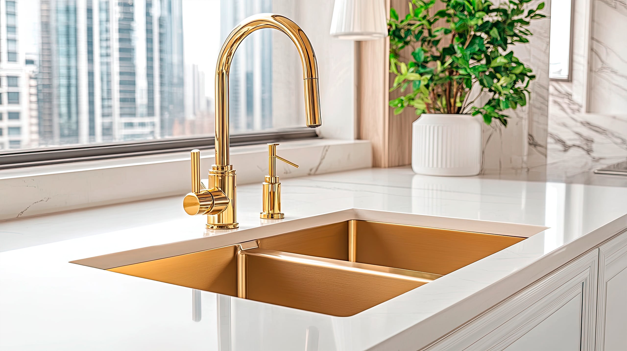 Moderne Küche präsentiert eine weiße Arbeitsplatte in dezenter, heller Marmorierung in Kombination mit einem goldenen Spülbecken und goldener Armatur bzw. Wasserhahn. Sanftes Licht von Hängelampen hebt das hellgraue, minimalistische Wanddesign hervor.