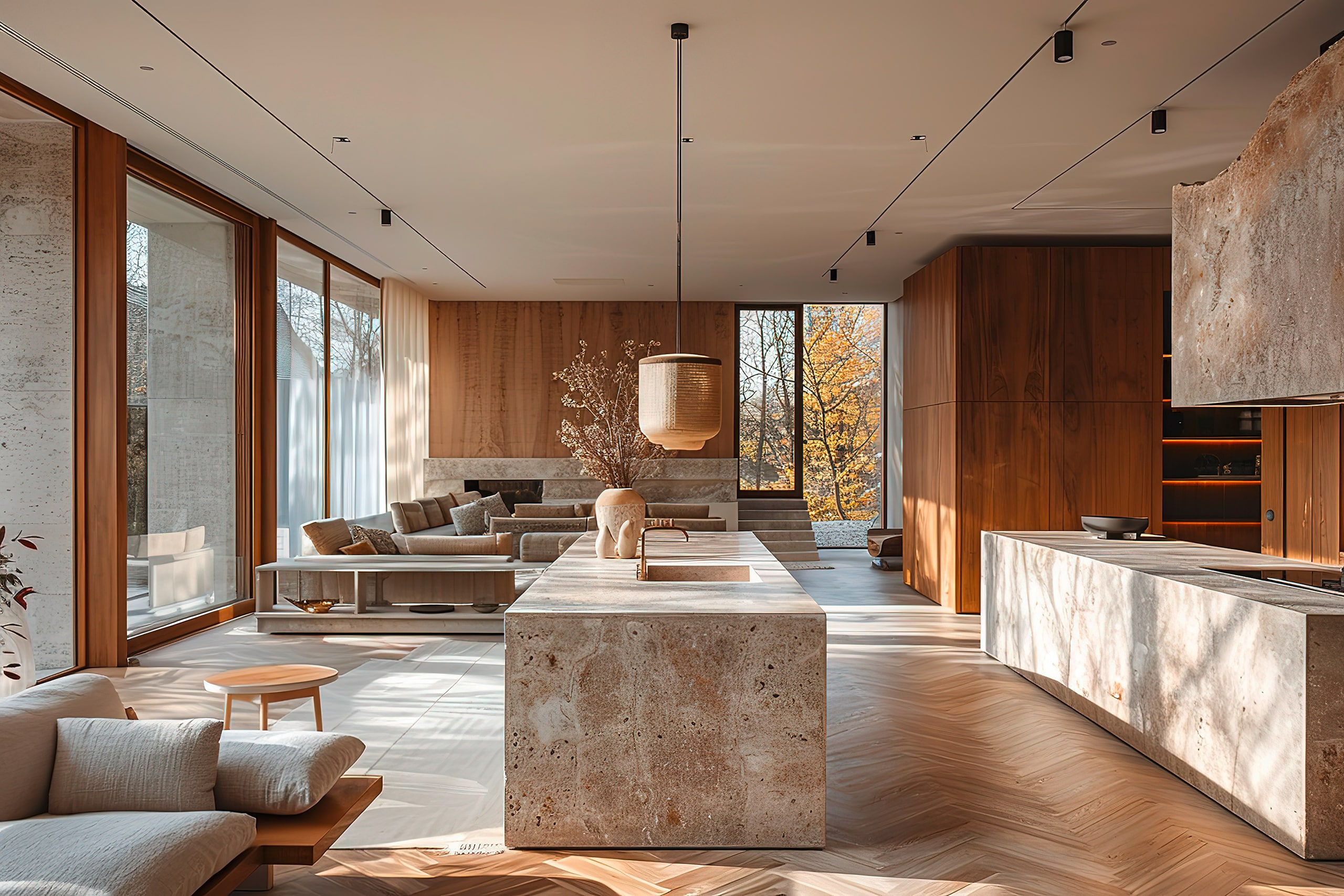 Ein großes, offenes Wohnzimmer mit extravaganten, großzügigen Kochinseln aus Natursein einer modernen Küche und Esszimmer.