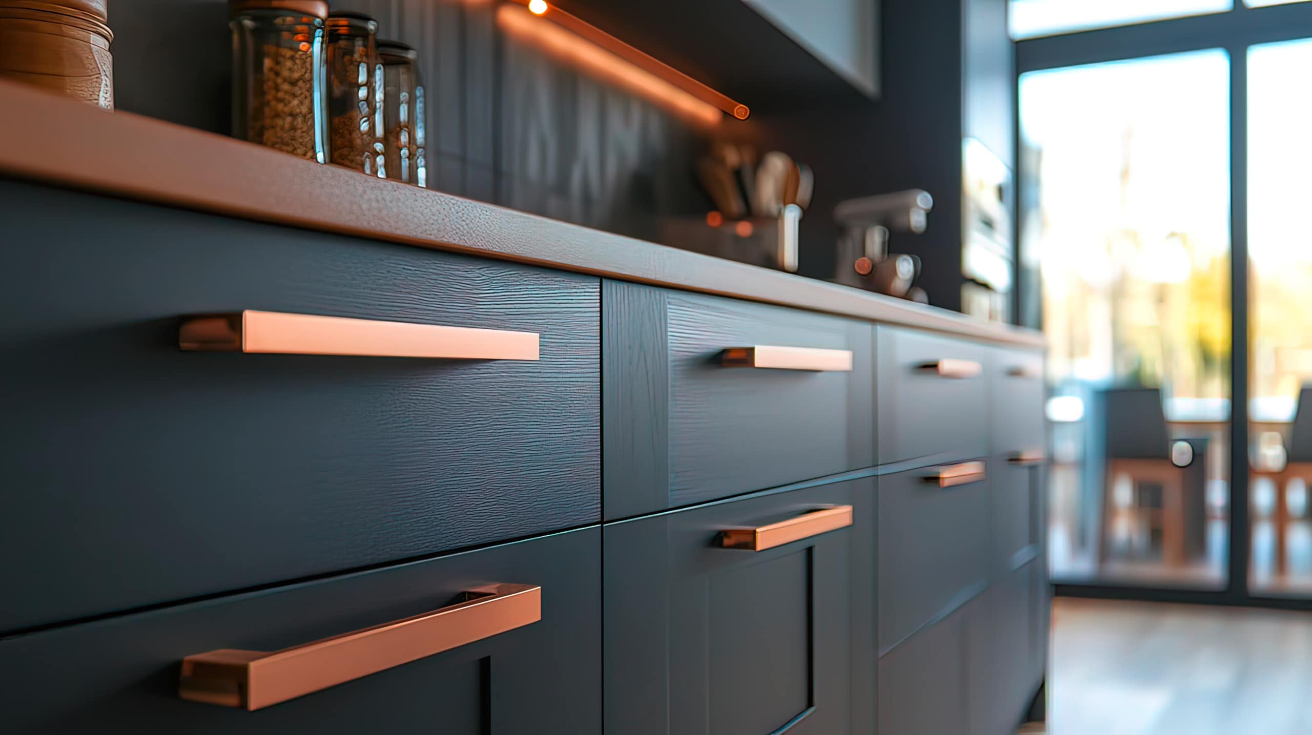 Nahaufnahme moderner, dunkler Küchenschränke mit edlen, kupferfarbigen Griffstangen.