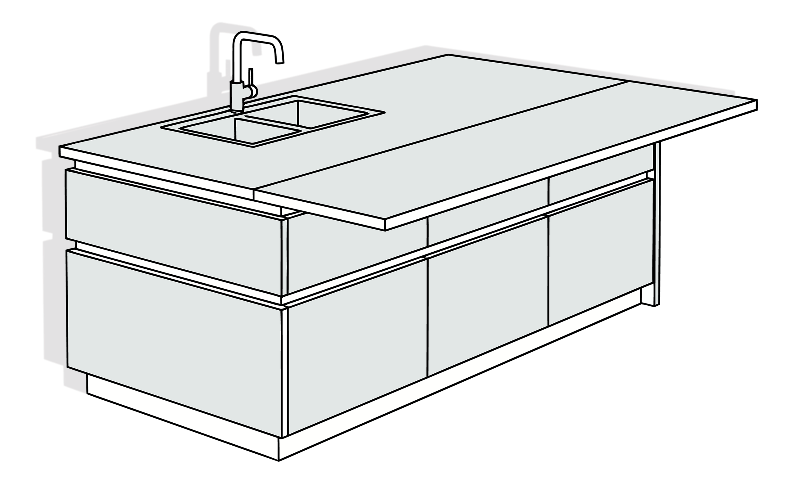Strichzeichnung einer modernen Kücheninsel mit einem einzelnen Wasserhahn bzw. Armatur.