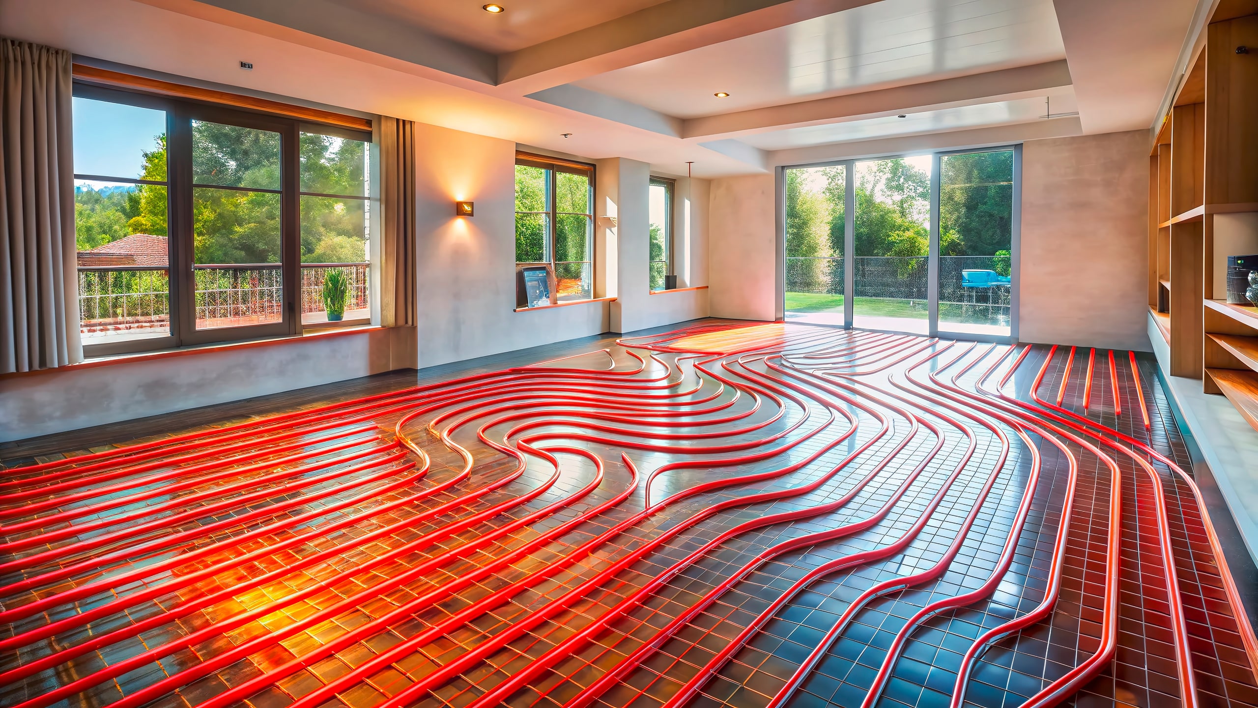 Installation einer modernen Fußbodenheizung in einem zeitgenössischen Zuhause mit warmer, gemütlicher Atmosphäre.