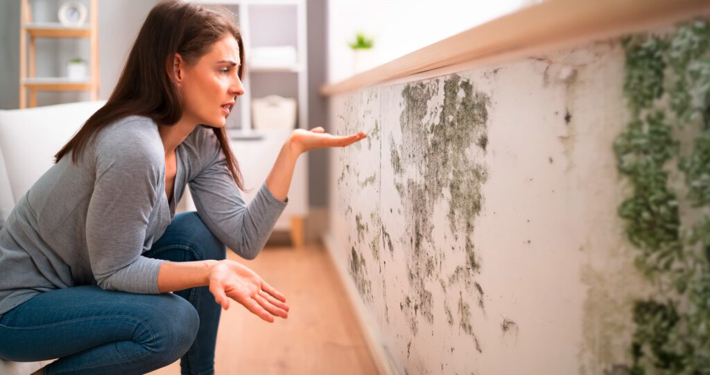 Verärgerte Frau betrachtet den grün-schwarzen Schimmel an der Wand unter dem Fensterbrett.