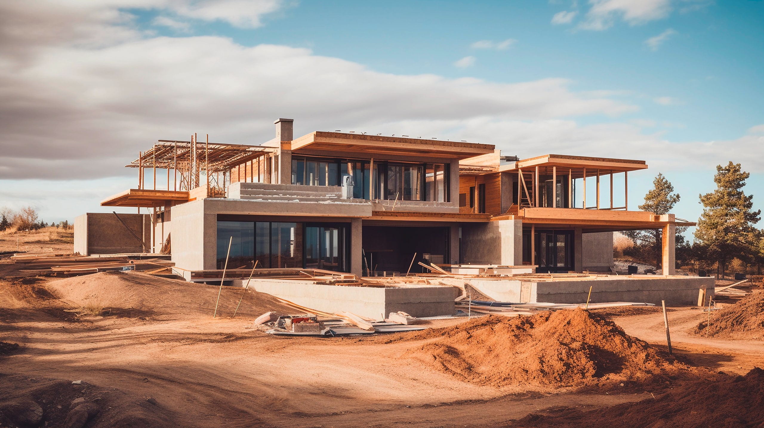 Baustelle eines modernen Hauses mit Flachdach und großen Fenstern und Strukturelementen.
