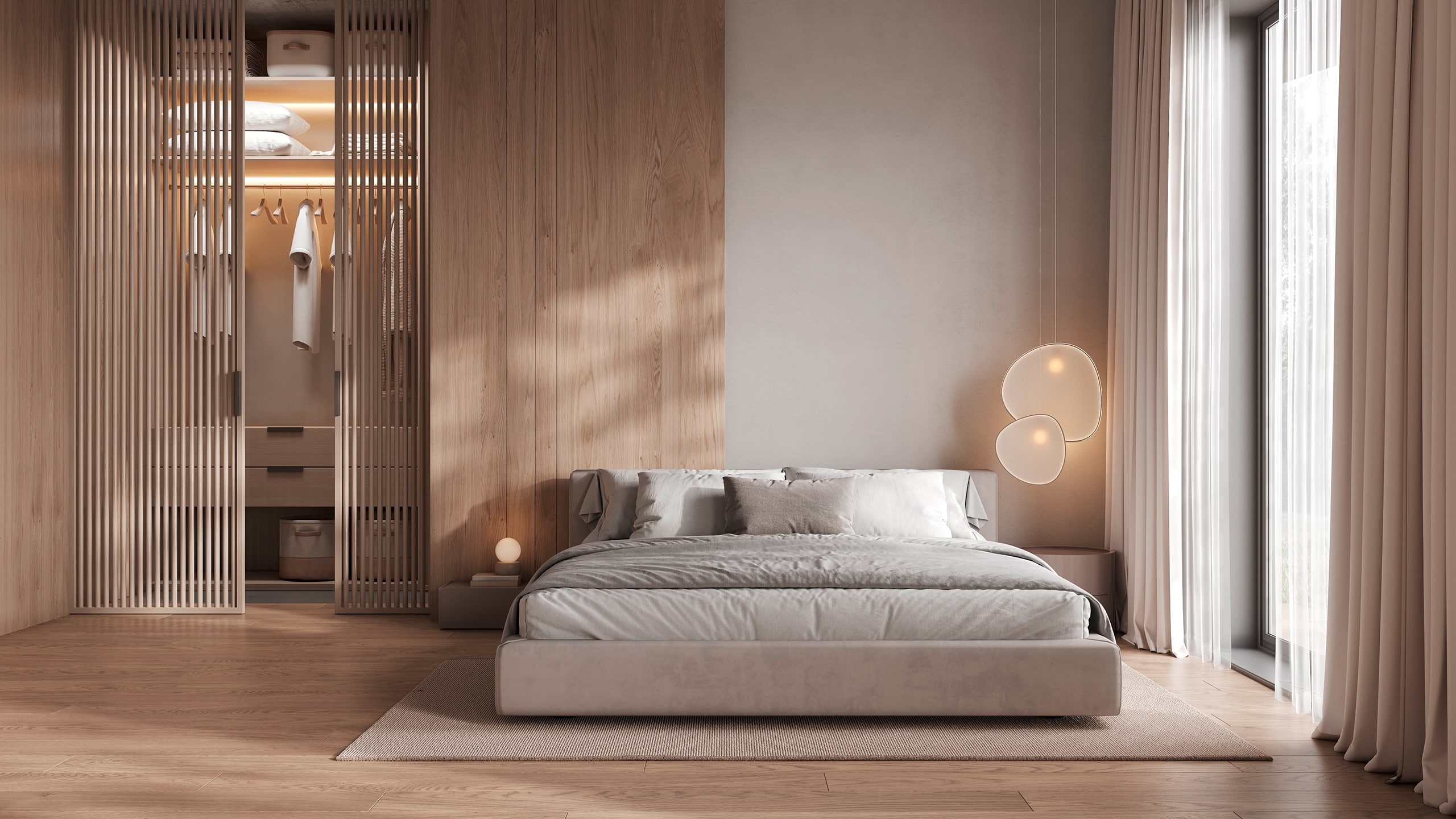 Stilvolles Schlafzimmer-Interieur mit Kleiderschrank und Holzpaneel in hellem Holz.
