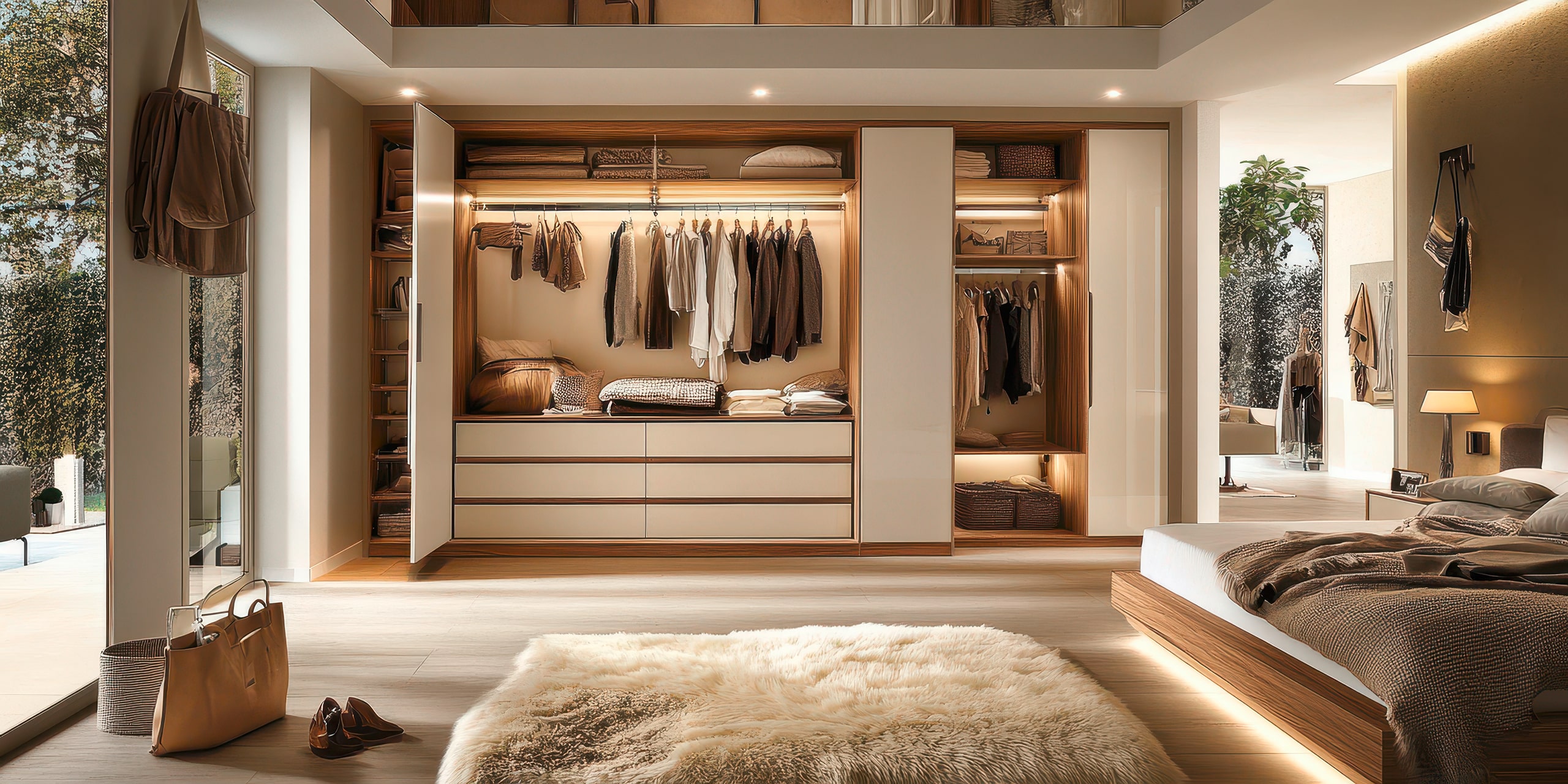 Modernes Schlafzimmer in den Farben Creme und Nussholz mit begehbarem Kleiderschrank und Doppelbett.