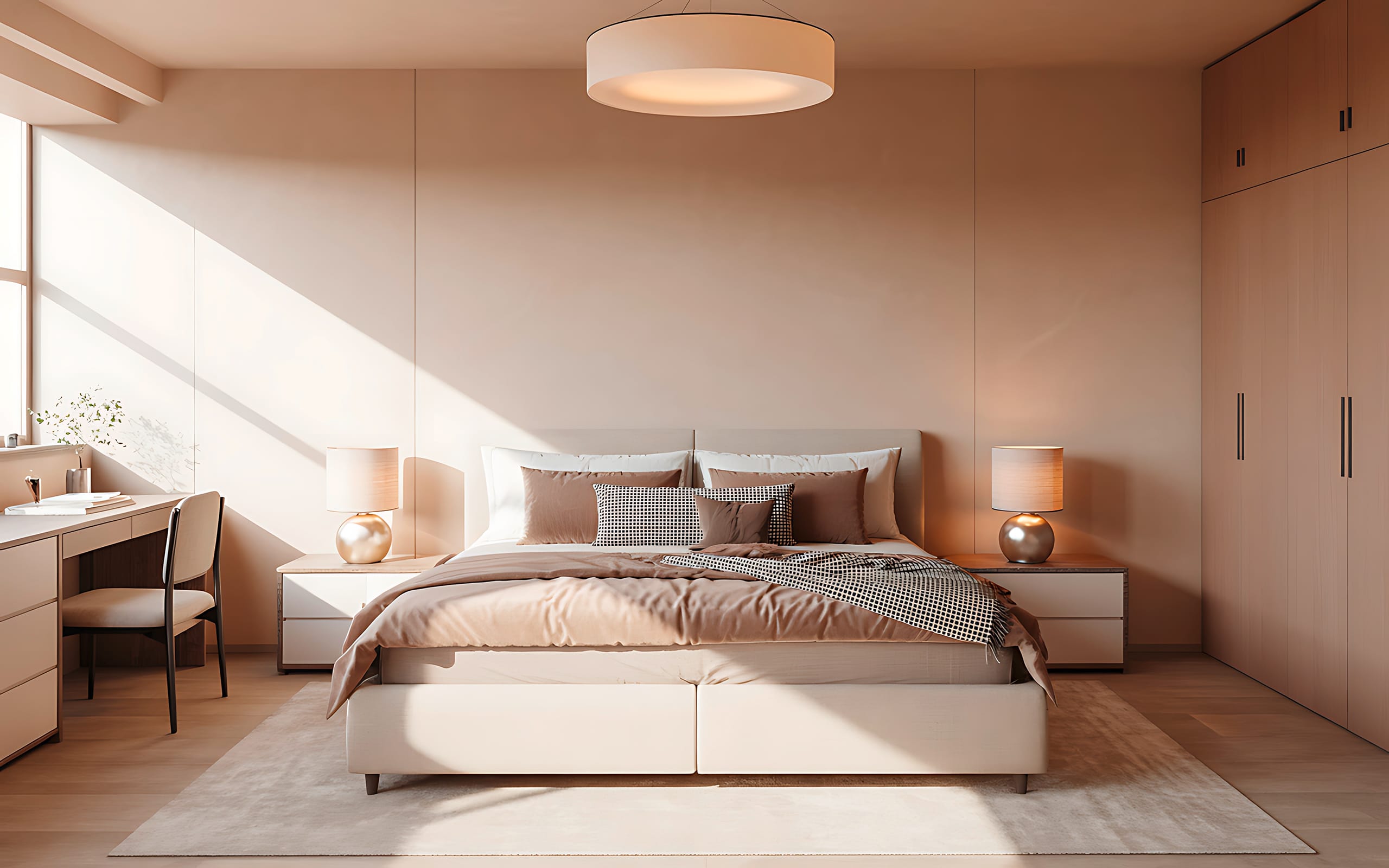 Beige gehaltenes Schlafzimmer mit durchgängig naturfarbenen Möbeln und Accessoires mit natürlichem Licht.