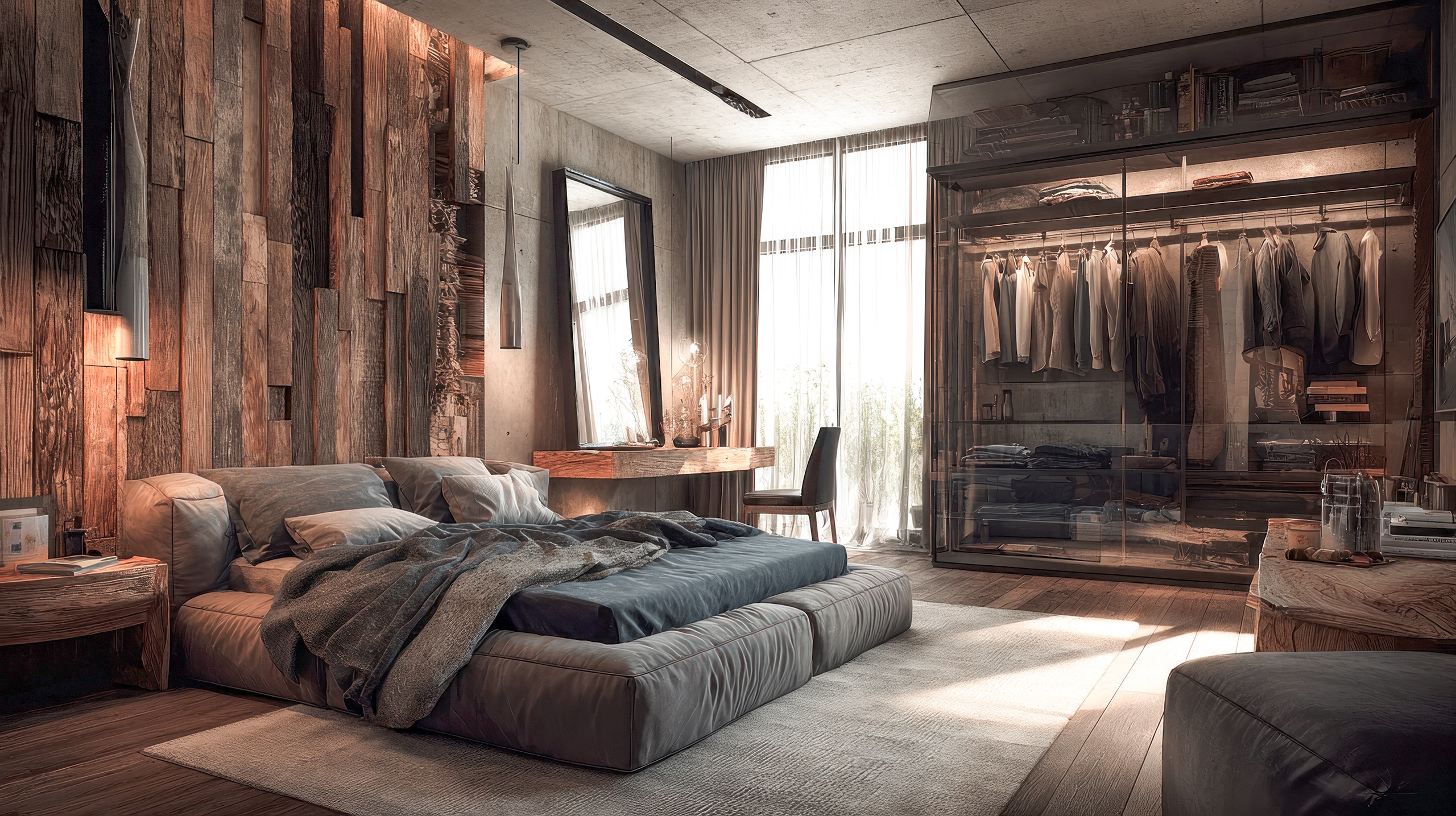 Modern rustikales Schlafzimmer in dunklem, grob gehobelten Holz am Boden und an den Wänden. Auch das Mobilar, wie Doppelbett und der Kleiderschrank sind in dunkler Farbe.