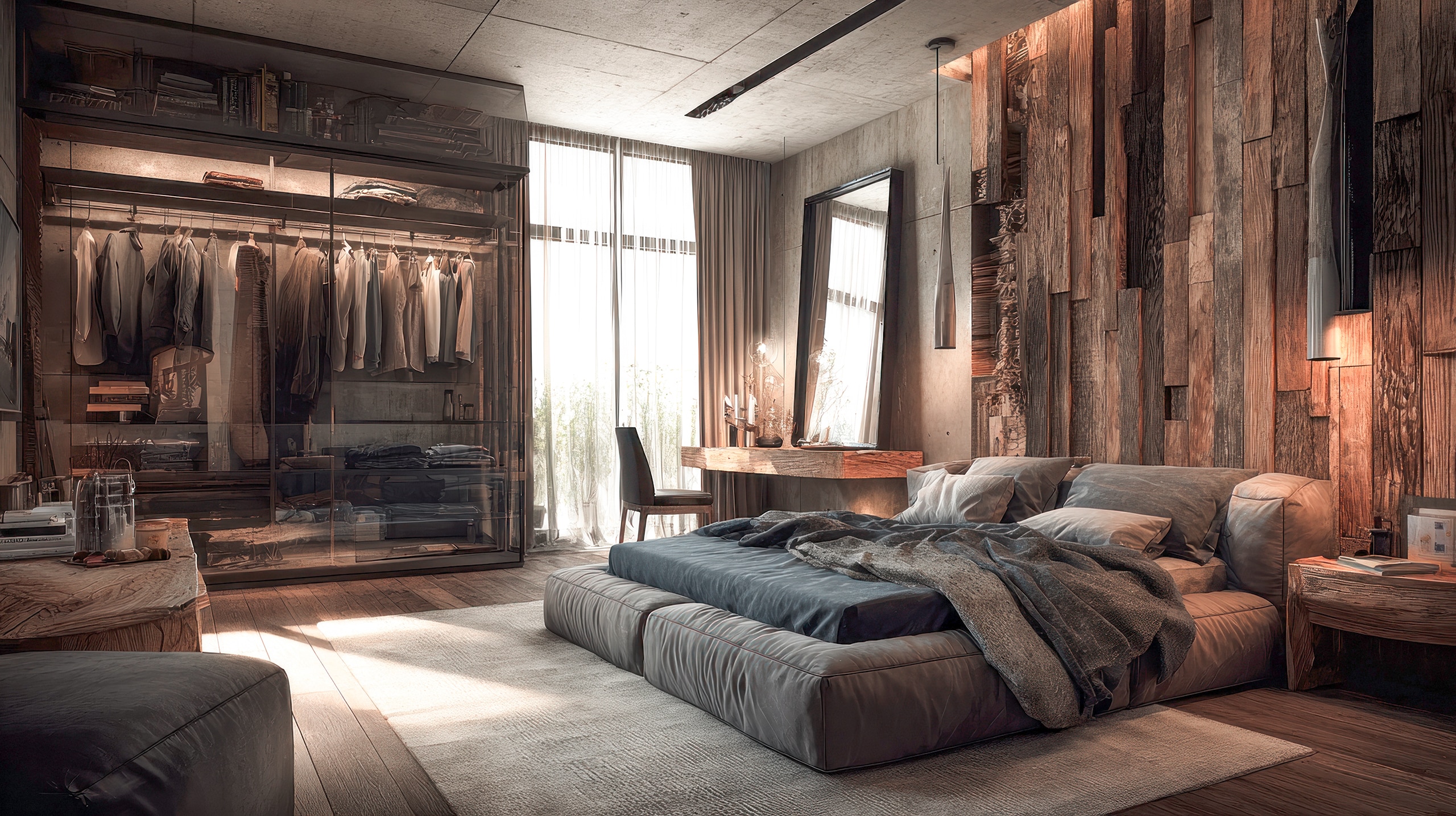 Modern rustikales Schlafzimmer in dunklem, grob gehobelten Holz am Boden und an den Wänden. Auch das Mobilar, wie Doppelbett und der Kleiderschrank sind in dunkler Farbe.