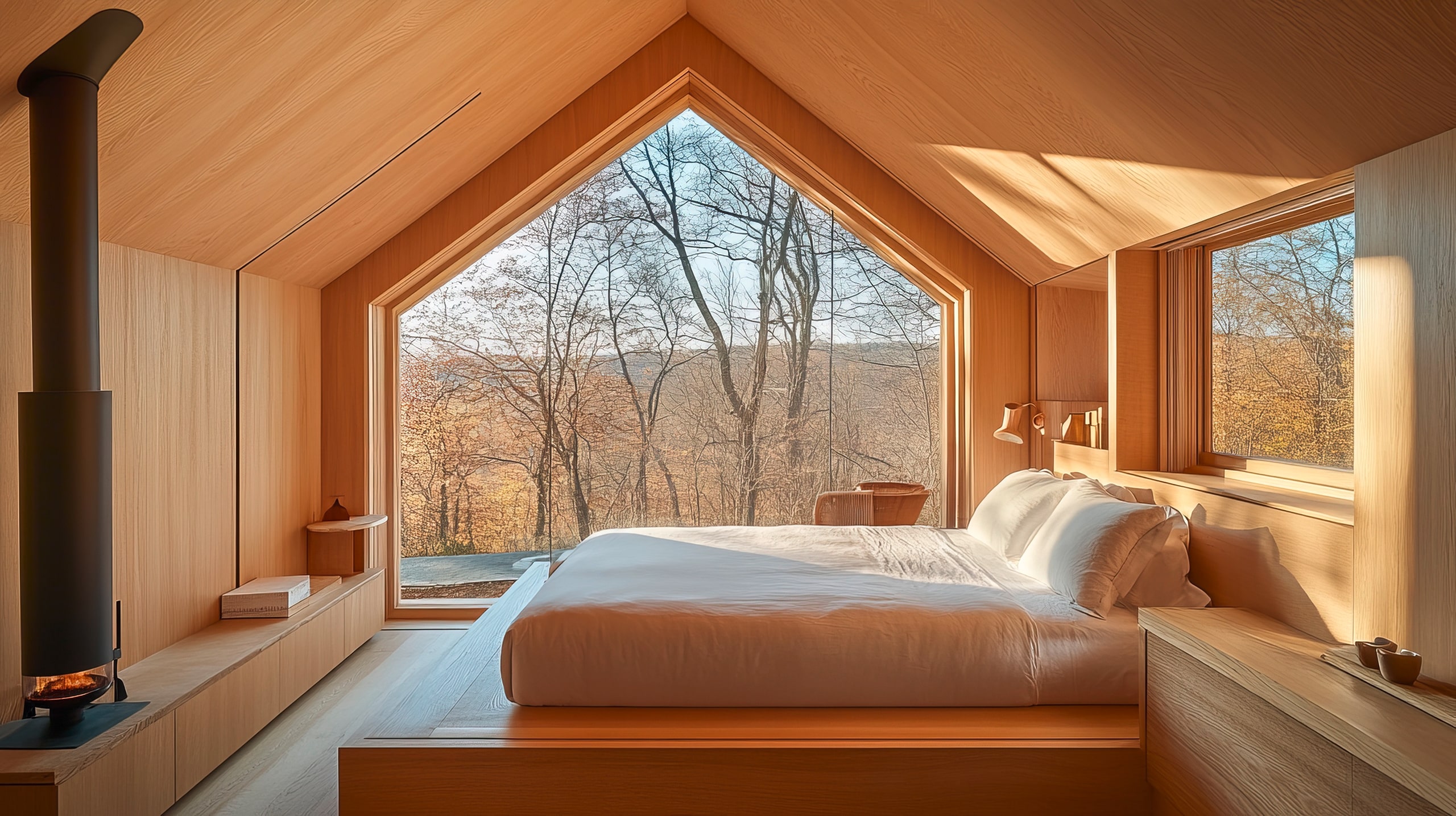 Gemütliches Schlafzimmer in einer Holzhütte mit großem Fenster und Blick auf herbstliche Bäume. Kamin sorgt für Wärme.