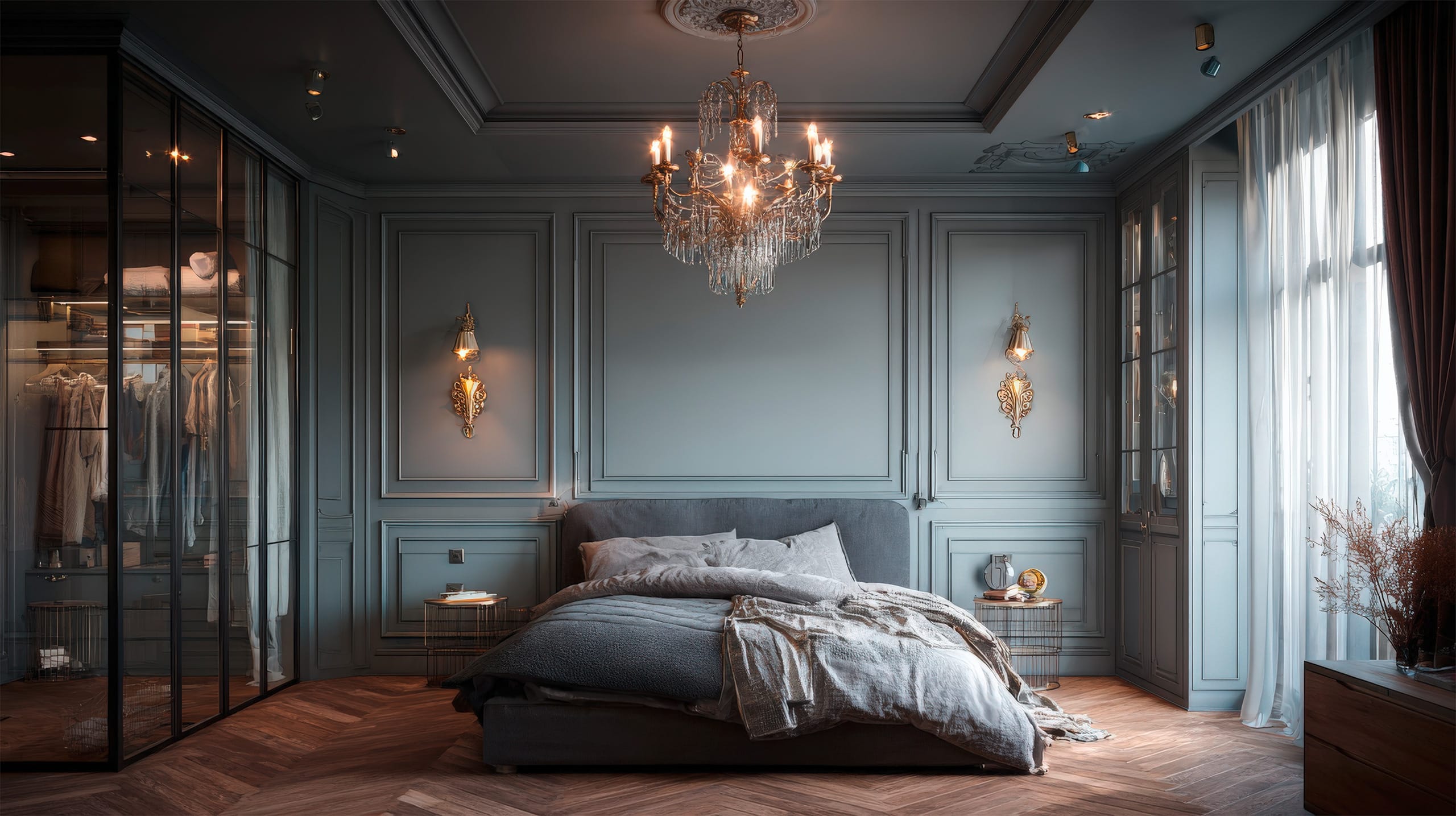 Elegantes Schlafzimmer-Interieur mit Kronleuchter, Wandvertäfelung und begehbarem Kleiderschrank in sanftem Grau und mit warmer Beleuchtung. Wohnraum als perfektes Beispiel für klassisches Wohnen. - KI-generiert