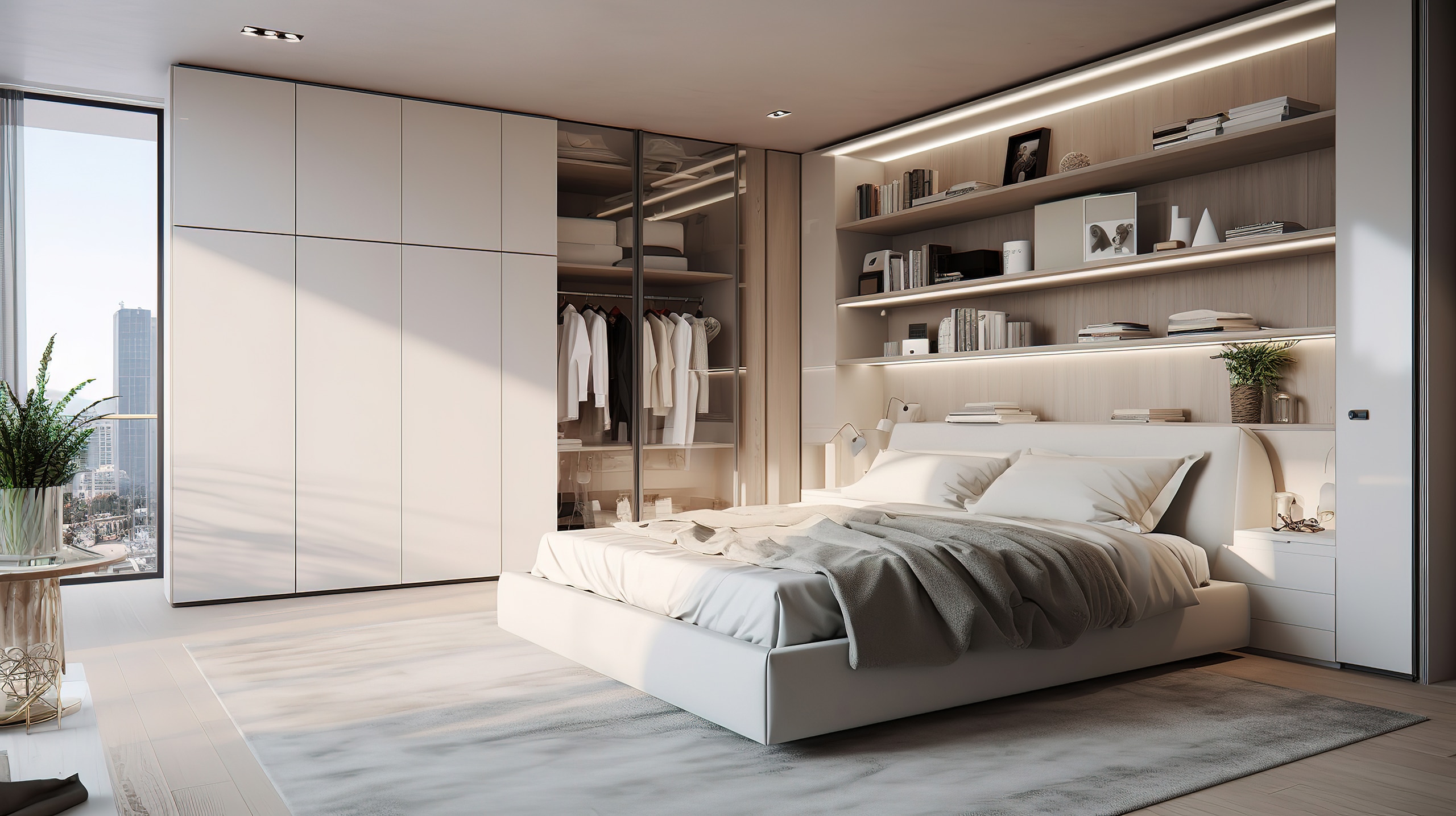 Interieur eines modernen Schlafzimmers mit bequemem Bett und großem Kleiderschrank.