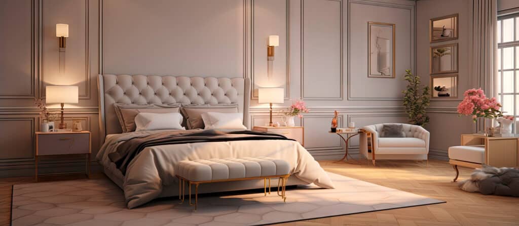 Edles, großzügiges Schlafzimmer in Cremetönen mit einem eleganten Doppelbett, darunter ein freilegender Seidenteppich und dezent leuchtenden Nachtischlampen. Der Parkettboden in Fischgrättechnik unterstreicht den hochwertigen, klassischen Stil. - KI-generiert