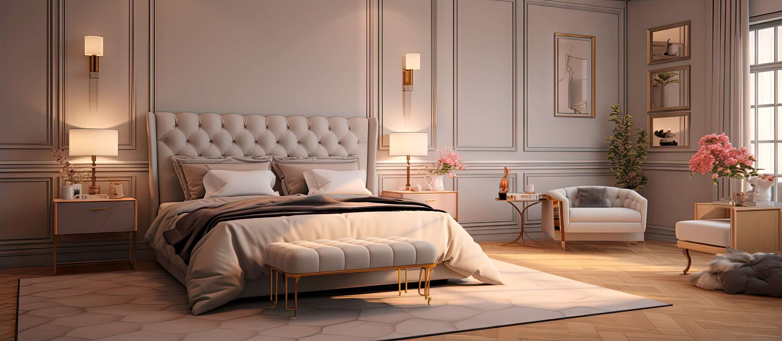Edles, großzügiges Schlafzimmer in Cremetönen mit einem eleganten Doppelbett, darunter ein freilegender Seidenteppich und dezent leuchtenden Nachtischlampen. Der Parkettboden in Fischgrättechnik unterstreicht den hochwertigen, klassischen Stil. - KI-generiert
