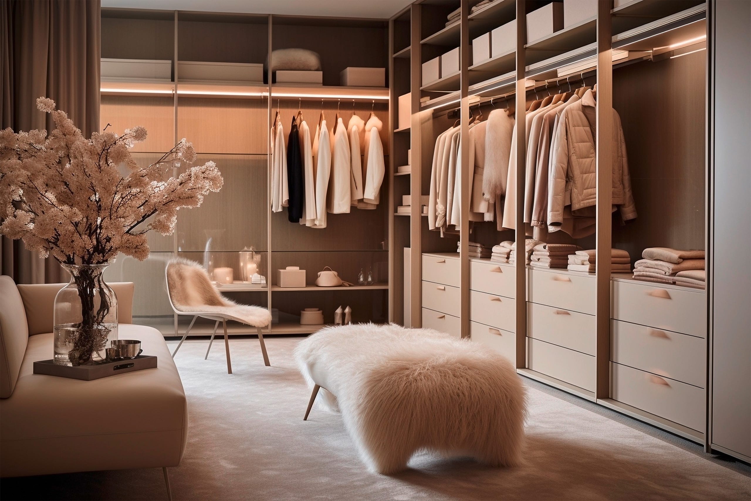 Begehbarer Kleiderschrank im klassisch-elegantem Stil mit den Farben Beige und Taupe. Luxuriöses Beispiel klassischen Wohnens. - Ki-generiert
