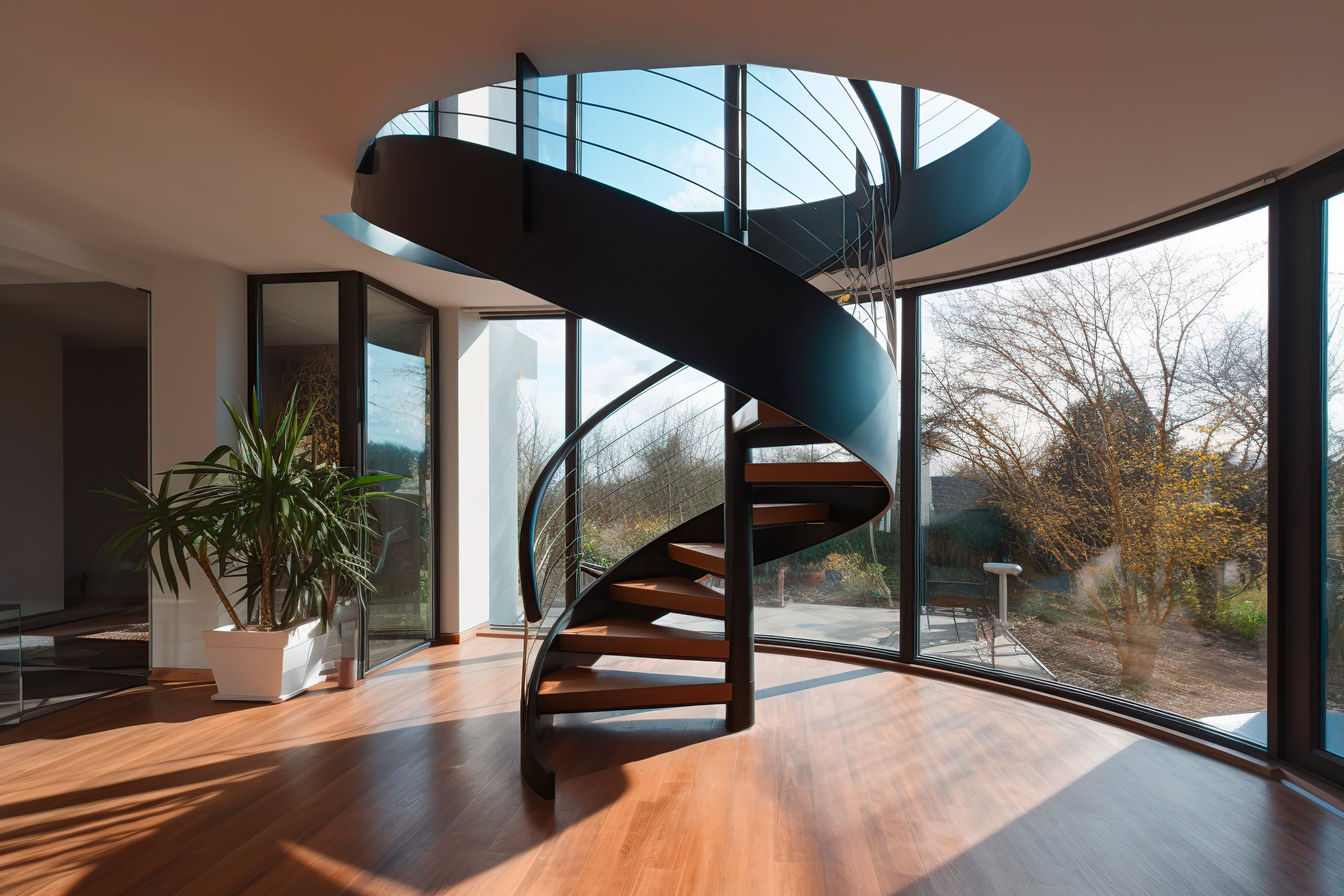 Minimalistische Wendeltreppe aus schwarzem Metall als Eye-Catcher in einem großzügigen Wohnraum.