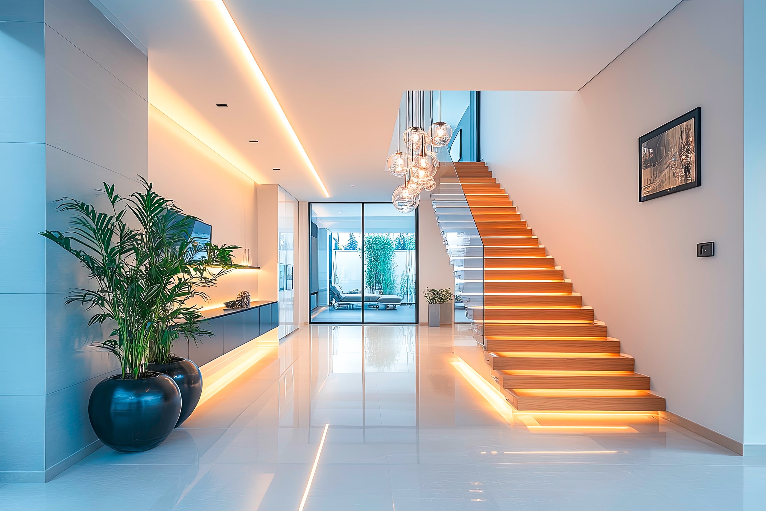 Schlichte, geradlinige Treppe mit Holzstufen, Beleuchtung und Glasgeländer in einem eleganten , großzügigen Wohnraum.