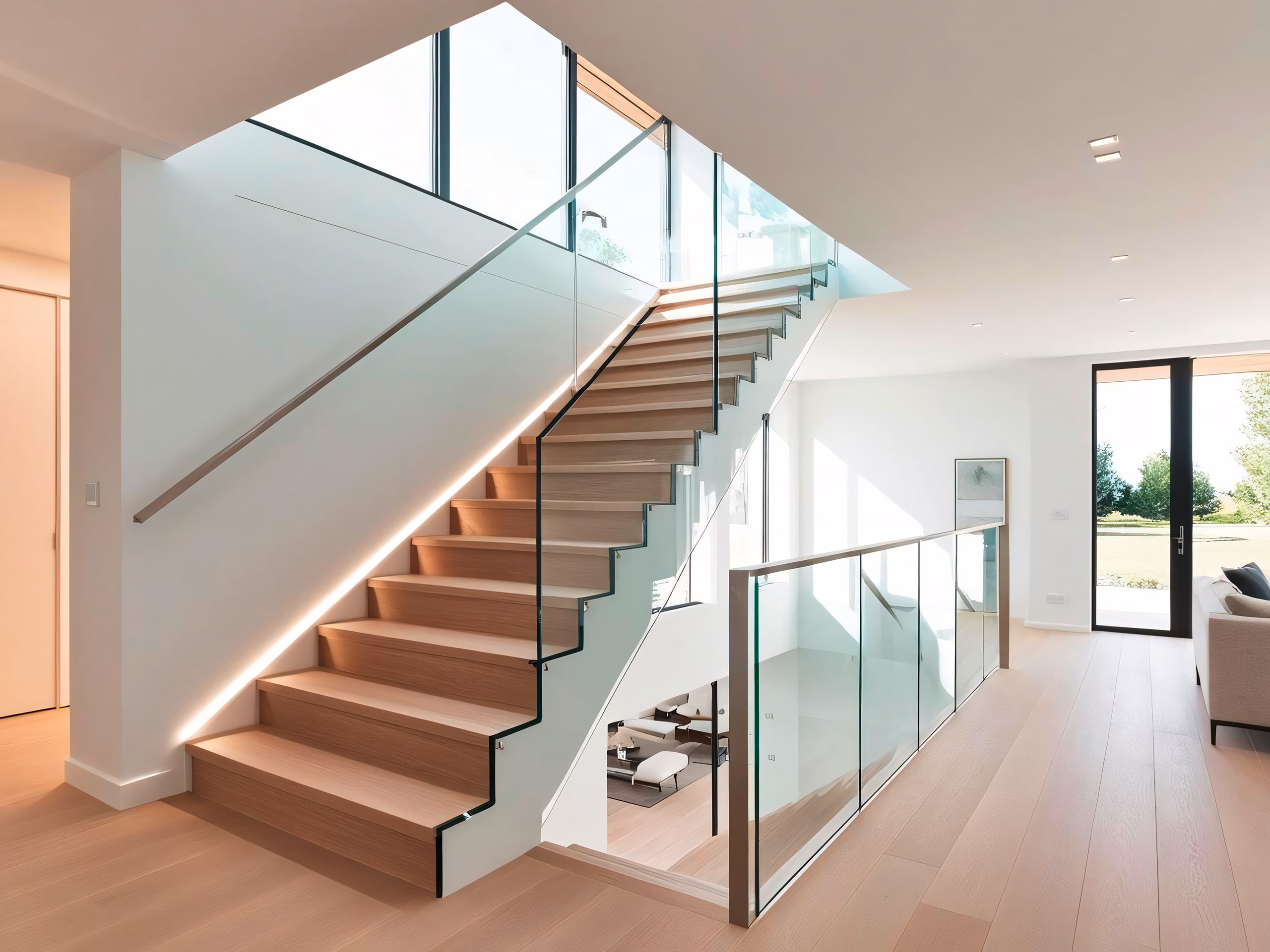 Moderne Treppe mit Tritt- und Setzstufen aus Holz, gemauerten seitlichen Wangen in weiß und einem Glasgeländer in einem hellen, zeitgenössischen Wohnambiente.