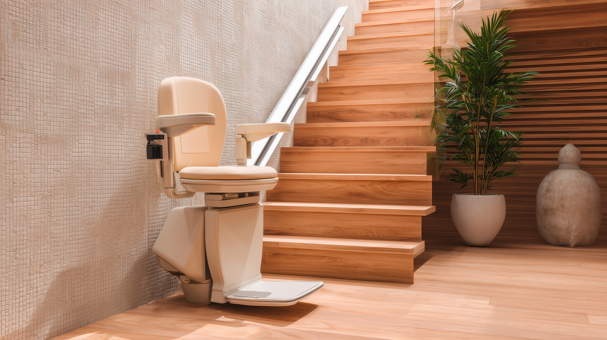 Treppenlift-Sessel auf einer eleganten Holztreppe in einem hellen, modernen Zuhause.