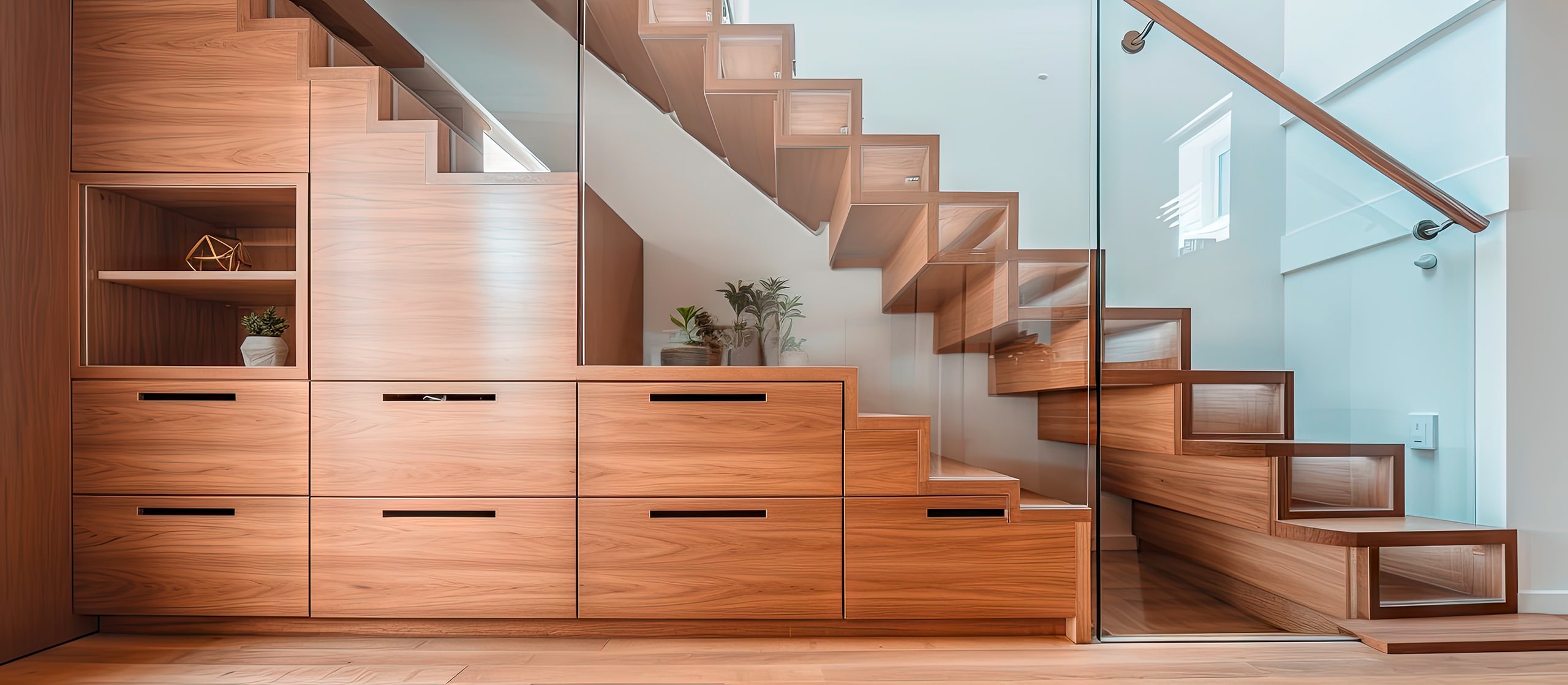 Luxuriöses, zeitgenössisches Innendesign in einem mehrstöckigen Haus mit eleganten Holztreppen und maßgefertigten Schränken darunter zur Aufbewahrung.