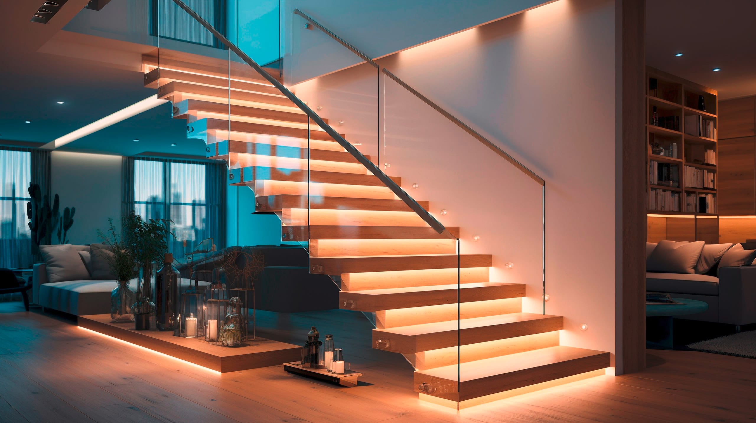 Eine moderne Treppe aus hellem Holz mit klarem Glasgeländer, dezent beleuchtet durch LED-Streifenbeleuchtung unter den Handläufen, in einem stilvollen urbanen Loft.