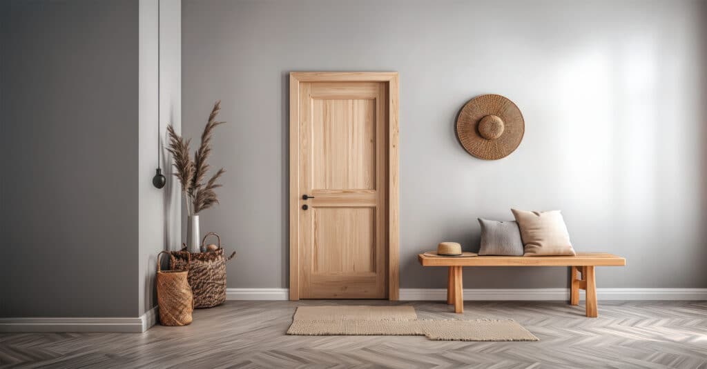 Helle Holztür mit schwarzen Beschlägen im minimalistischen Flur mit warmen Erdtönen und Parkettboden mit Fischgrätmuster.