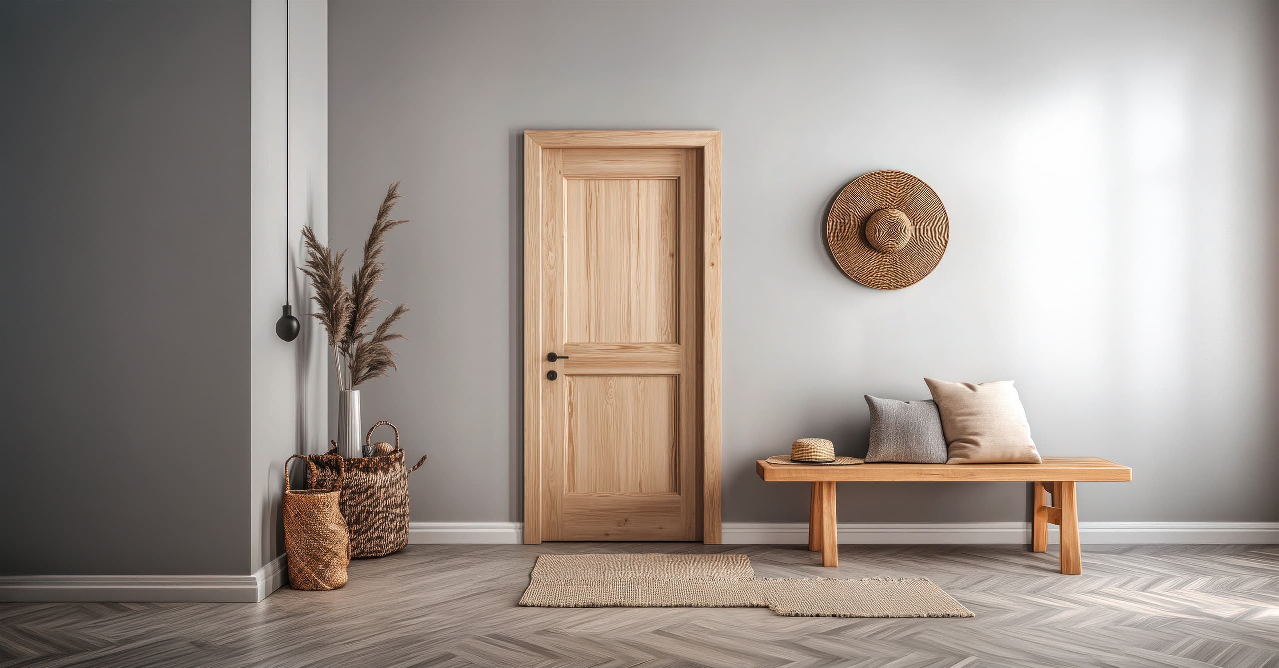 Helle Holztür mit schwarzen Beschlägen im minimalistischen Flur mit warmen Erdtönen und Parkettboden mit Fischgrätmuster.