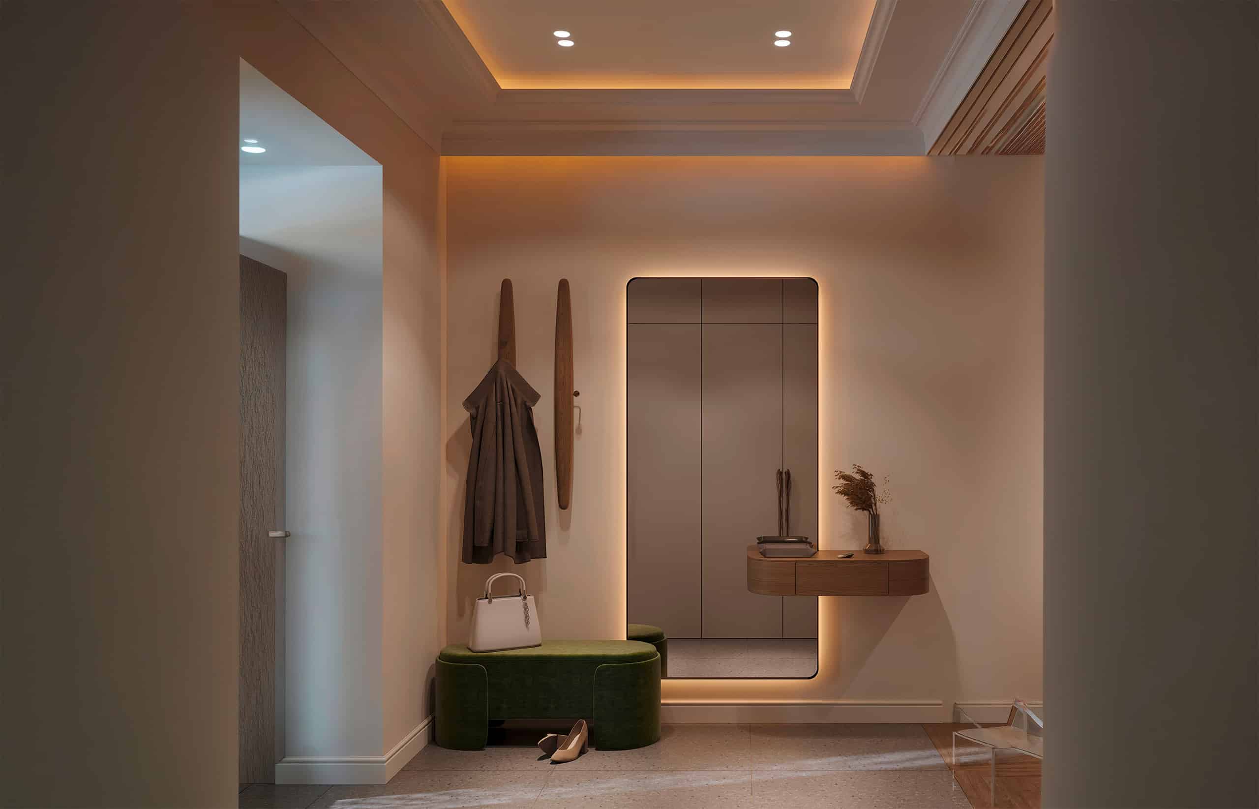 Moderne Eingangsbereich bzw. Vorraum mit Garderobe und integriertem Stauraum, schwebender Konsole als Sitzgelegenheit, Großzügiger rahmenloser Spiegel, Ambiente-Beleuchtung und minimalistischem, zeitgenössischem Interieur in warmen, neutralen Farbtönen. - KI-generiert