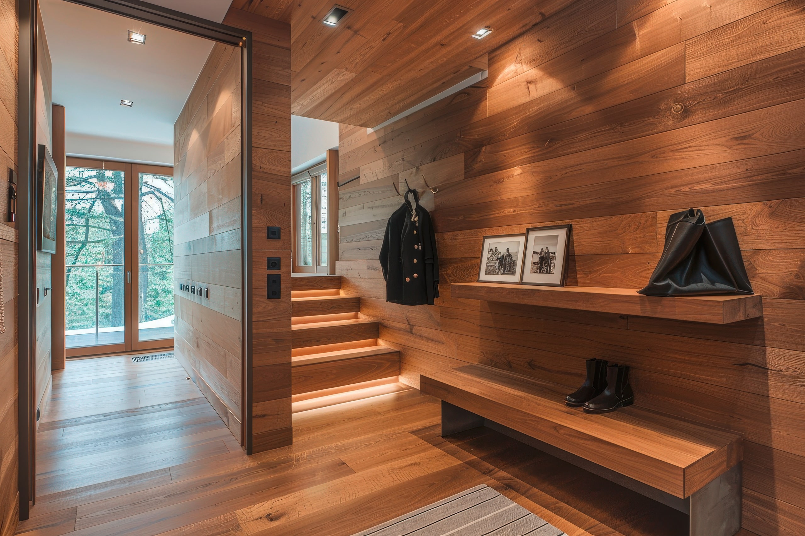 Einladender Flur bzw. Eingansbereich eines modernen Hauses mit Böden, Wänden und Decken aus Holz. Spots in der Holzdecke verleihen dem Raum eine warme Atmosphäre. Eine Treppe mit Beleuchtung führt in das Obergeschoss. Der Eingangsbereich wird zudem als Garderobe und Abstellbereich für Schuhe Jacken und Taschen genutzt.
