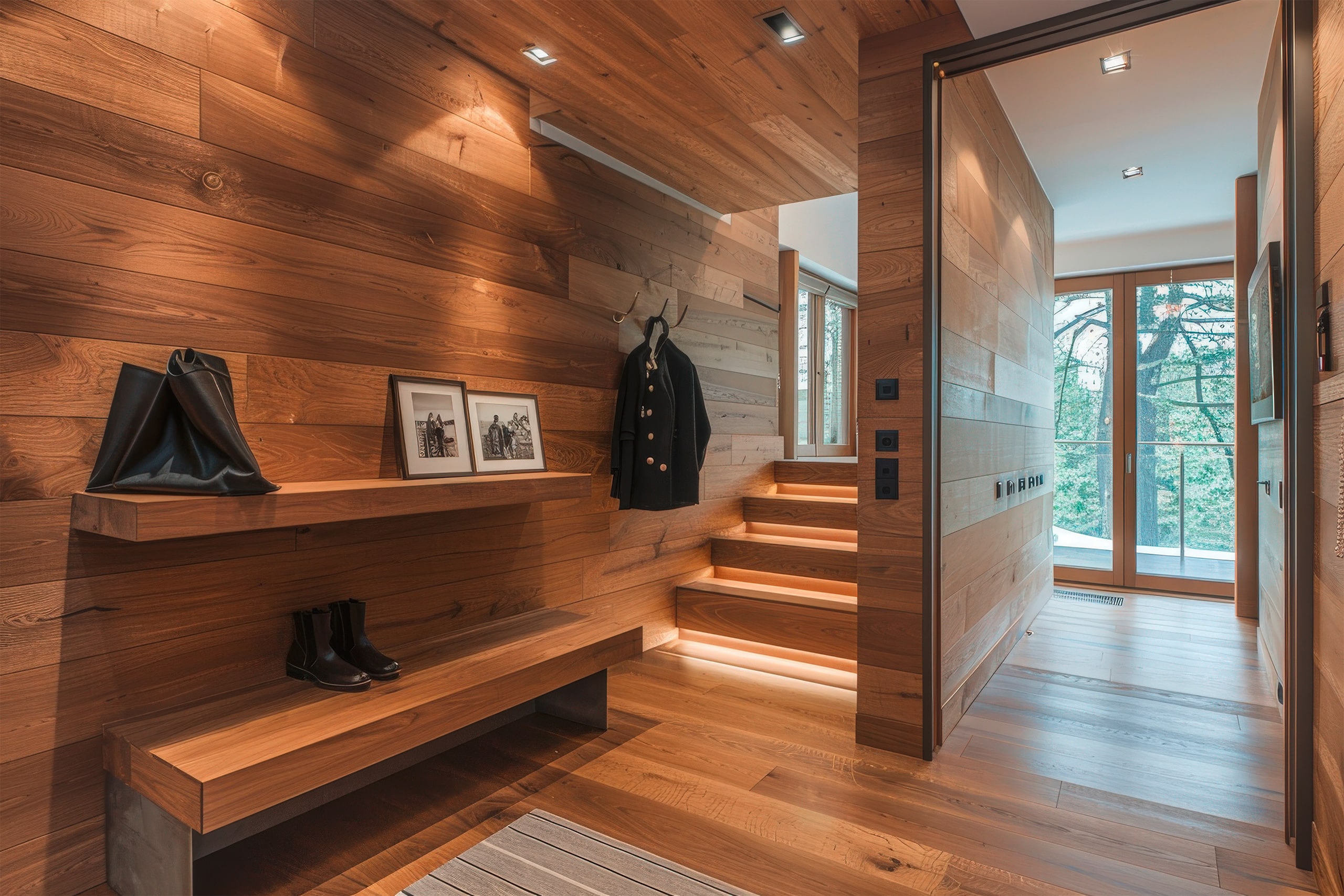 Einladender Flur bzw. Eingansbereich eines modernen Hauses mit Böden, Wänden und Decken aus Holz. Spots in der Holzdecke verleihen dem Raum eine warme Atmosphäre. Eine Treppe mit Beleuchtung führt in das Obergeschoss. Der Eingangsbereich wird zudem als Garderobe und Abstellbereich für Schuhe Jacken und Taschen genutzt.