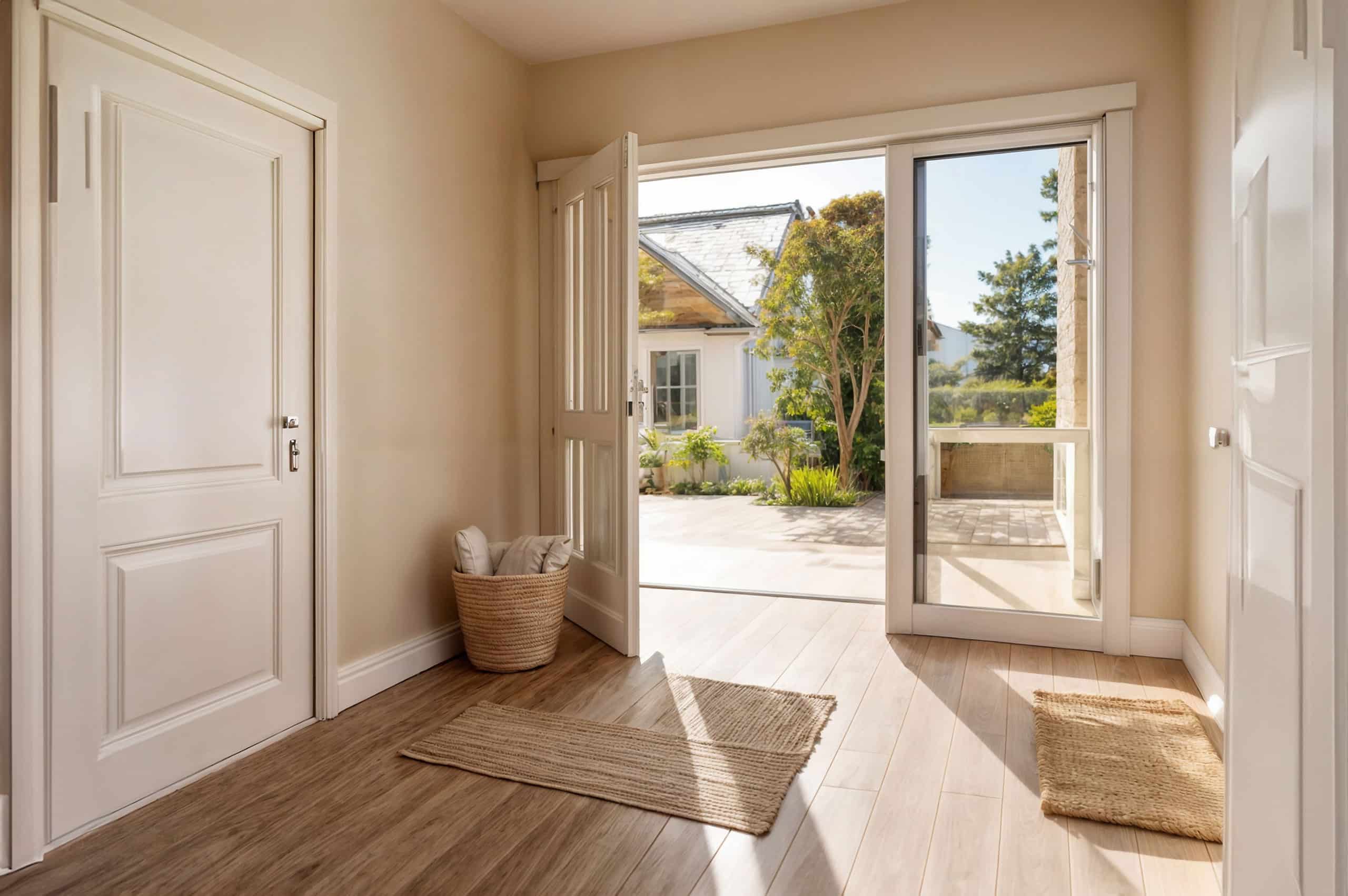 Blick aus dem cremefarbenen Vorraum eines gemütlichen, eleganten Luxushauses mit offen stehender, breiter Eingangstür bei traumhaft schönem Wetter.