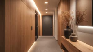 Moderner skandinavischer Flur mit geradlinigen, hochwertigen Holzschränken, verdeckten Türpaneelen und Einbaubeleuchtung, mit Blick auf die mattbraune Eingangstür.