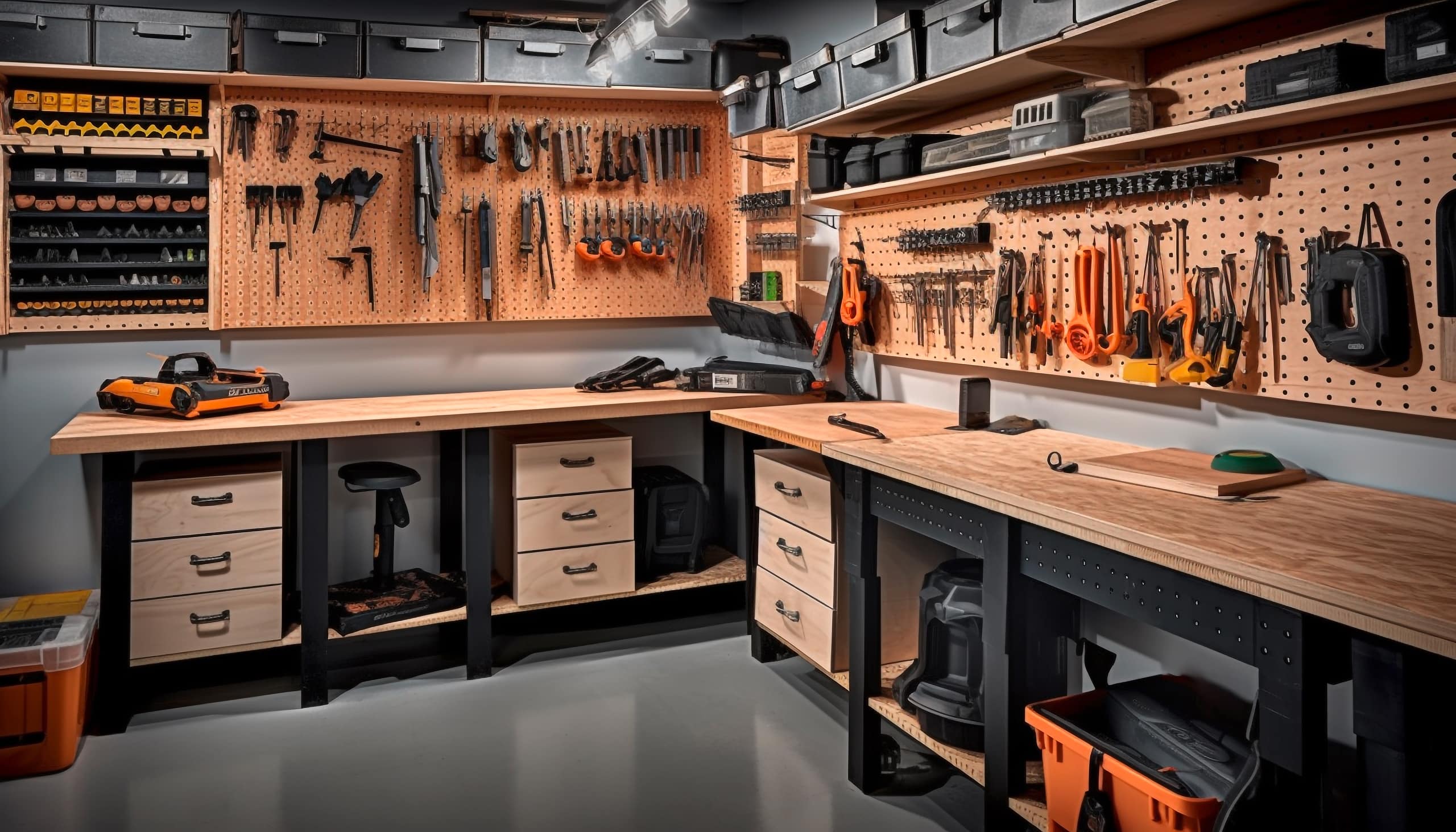 Moderne Tischlerwerkstatt mit zahlreichen Werkzeugen, Geräten und Materialien ordentlich verstaut.