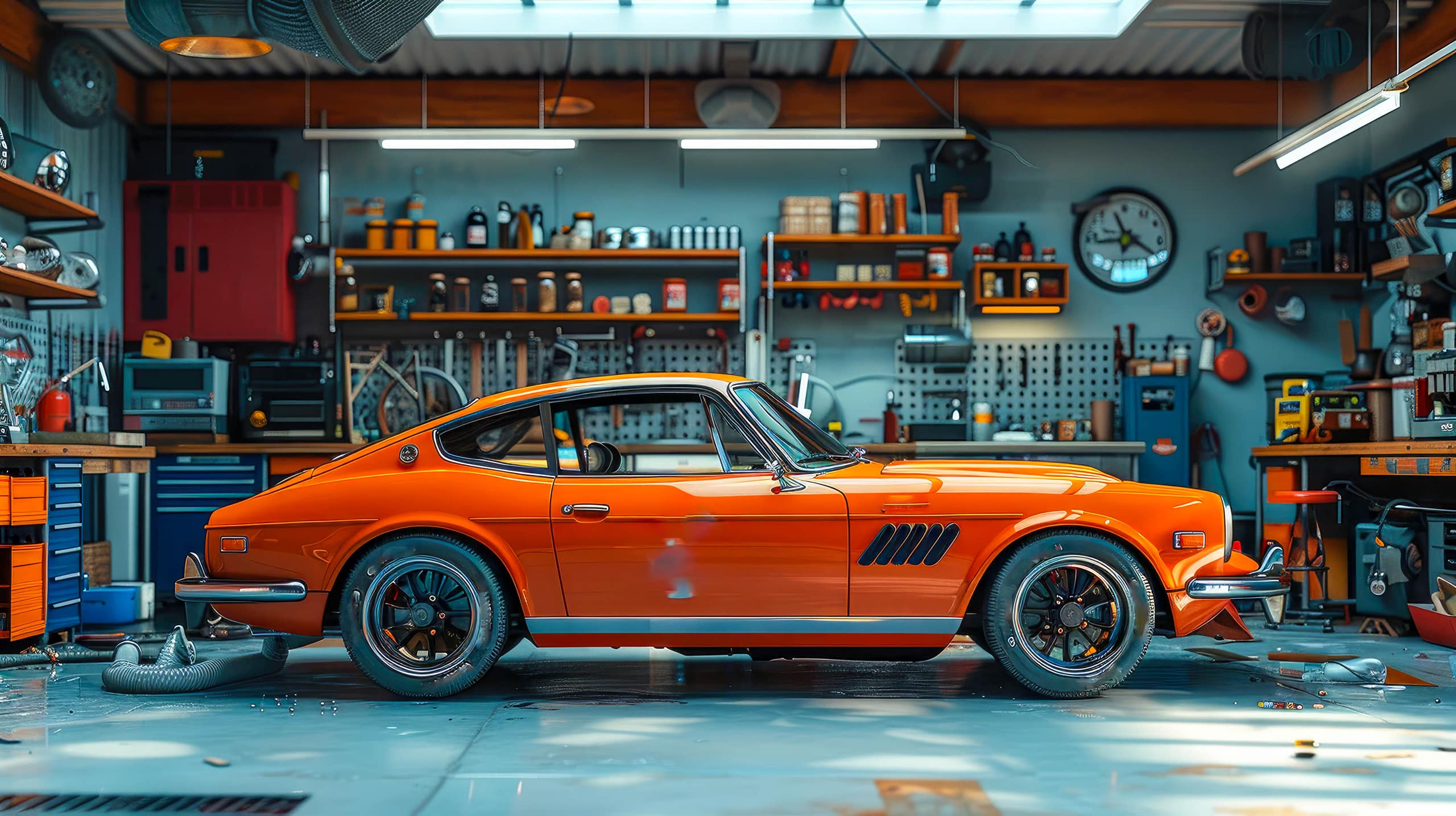 Typische Bastlergarage mit Werkstatt zur Restaurierung eines Oldtimer-Sportwagens in kräftigem Orange.