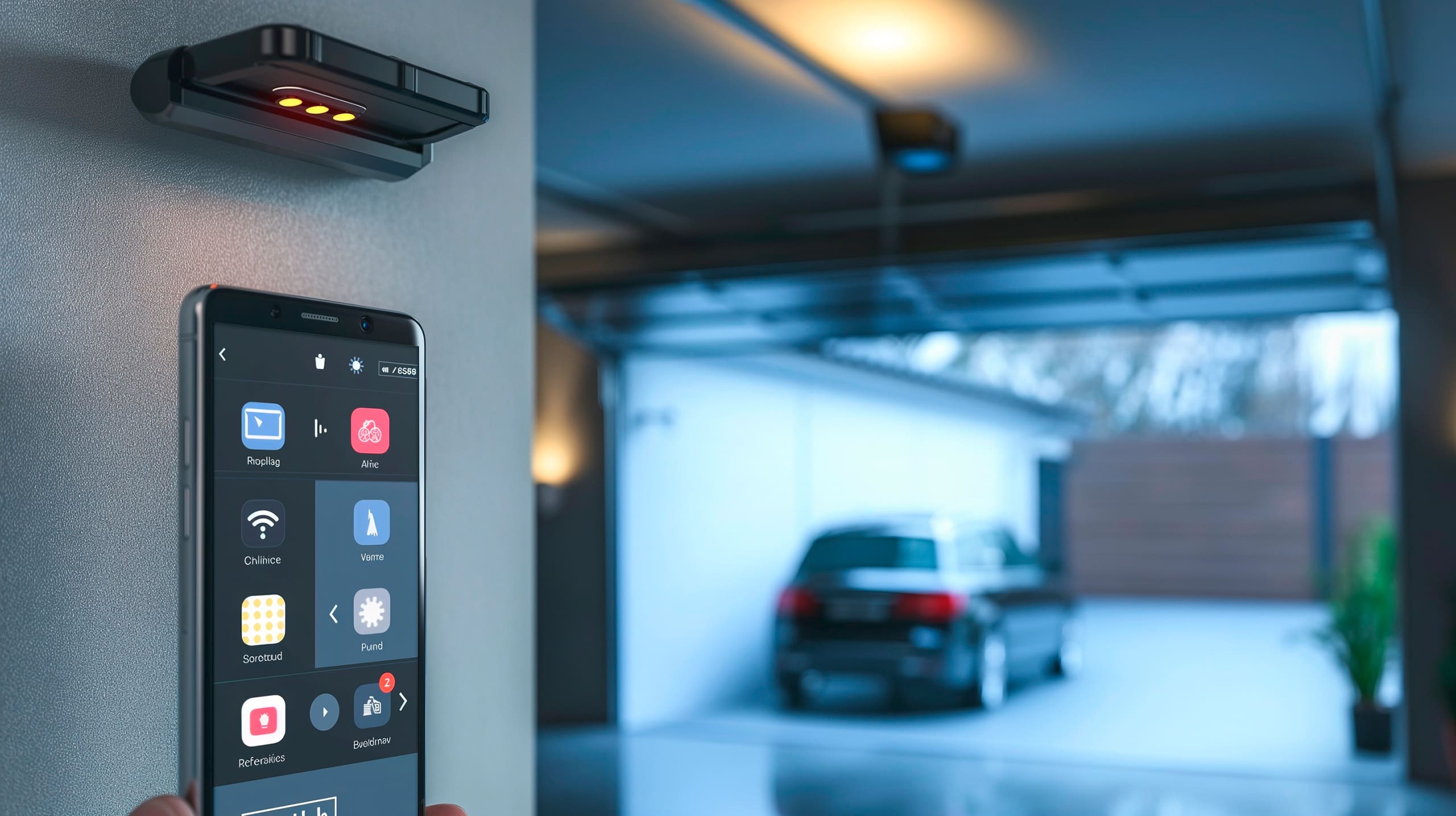 Hightech-App zum Öffnen von Garagentoren auf einem Smartphone, wobei das Garagentor im Hintergrund sichtbar ist und sich automatisch zu öffnen beginnt.
