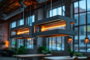 Zwei extravangante, schwarze Leuchten im minimalistischen Industrial-Design hängen von der Decke und geben ein dezentes Licht ab.