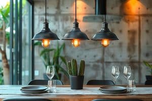 Tisch mit drei brennenden Deckenleuchten im Industrial-Style und einem Kaktus im schwarzen Topf am darunter befindlichem Tisch mit Weingläsern und Tellern.